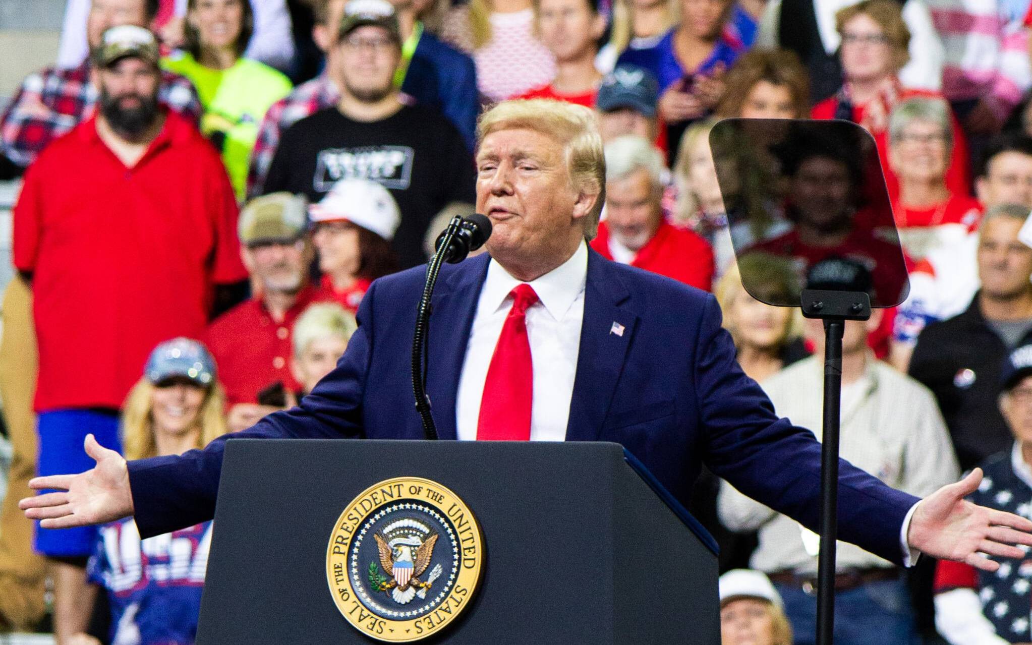 President Donald Trump addresses the crowd at Target Center in Minneapolis, MN, for his 2020 presidential campaign rally on October 10, 2019. Photo by Nikolas Liepins.