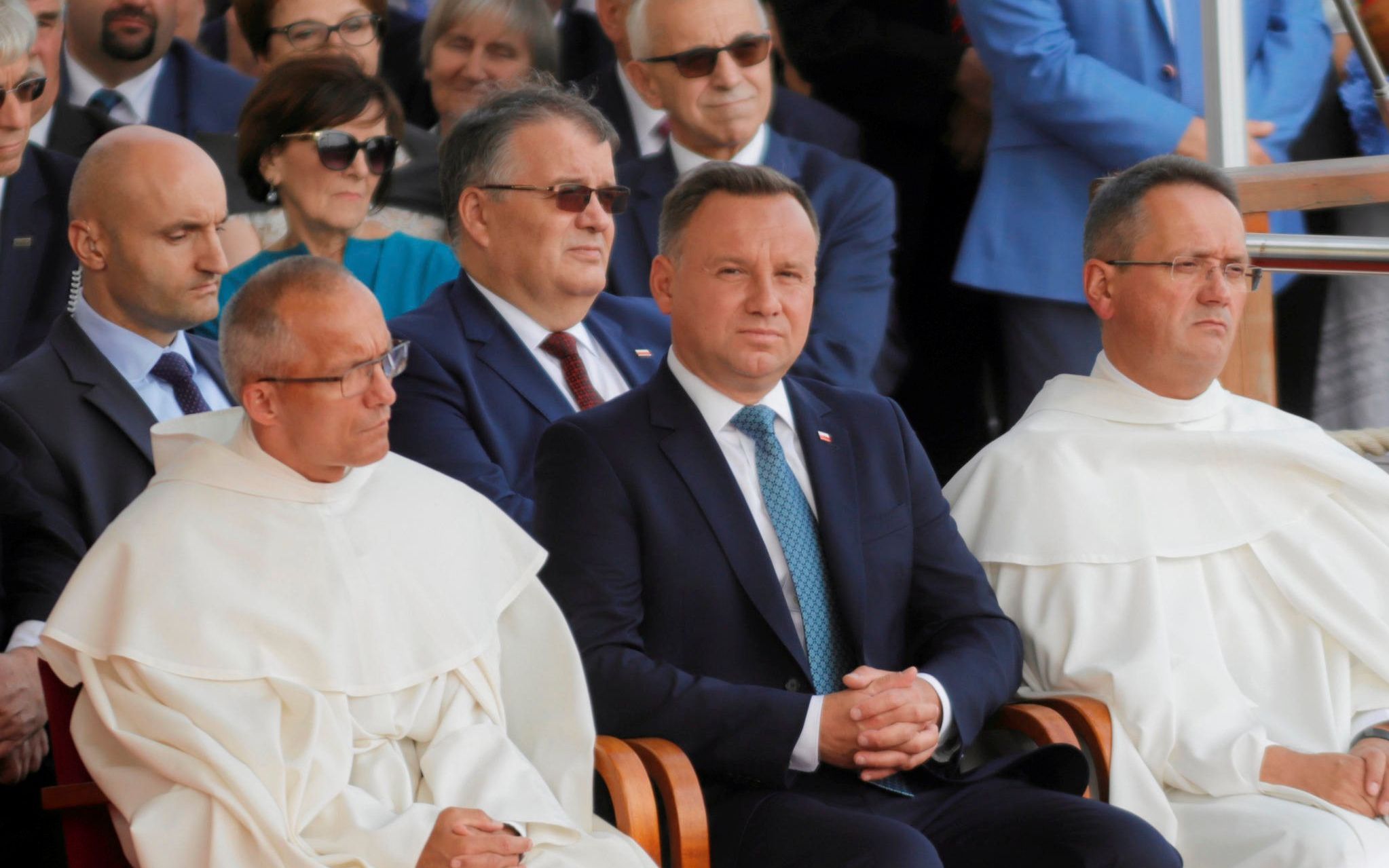 02.09.2018 Czestochowa. Jasna Gora. Prezydent RP Andrzej Duda (c) , general zakonu oo paulinow Arnold Chrapkowski (p) i przeor Jasnej Gory oo Marian Waligora (l) podczas mszy swietej na jasnogorskich dozynkach . Fot . Grzegorz Skowronek / Agencja Gazeta