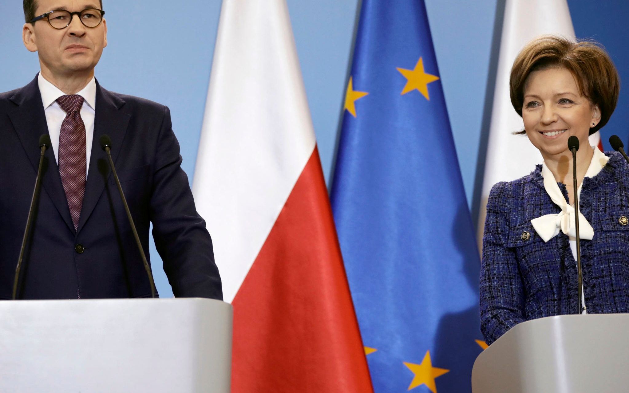 16.12.2019 Warszawa , aleje Ujazdowskie 1/3 , KPRM . Od lewej: premier Mateusz Morawiecki , minister rodziny Marlena Malag podczas konferencji prasowej po posiedzeniu Rady Rodziny .
Fot. Maciek Jazwiecki / Agencja Gazeta