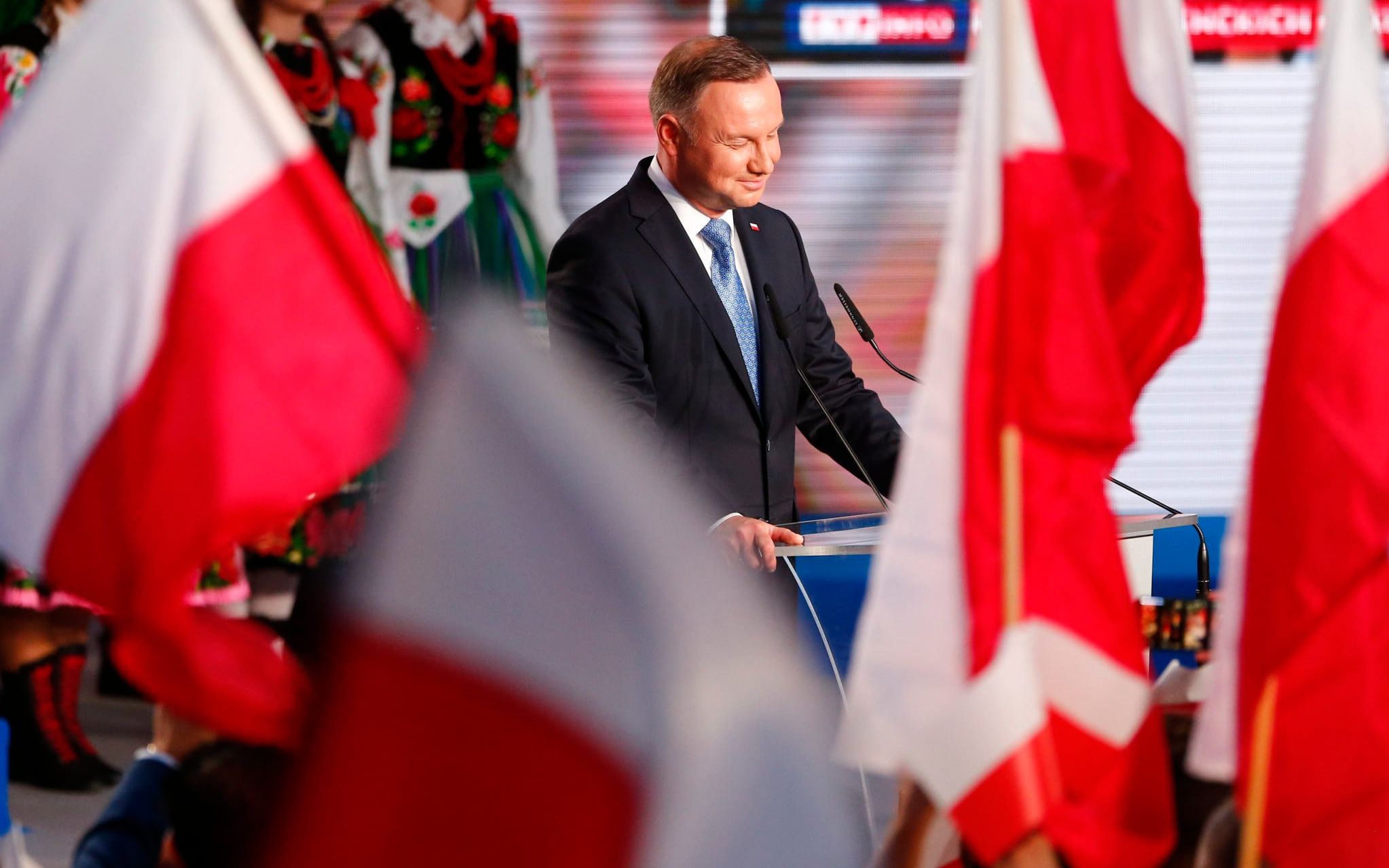 28.06.2020 Lowicz . Amfiteatr . Prezydent Andrzej Duda podczas wieczoru wyborczego . Poland's presidential election, first round . Wybory prezydenckie 2020 , pierwsza tura .
Fot. Marcin Stepien / Agencja Gazeta