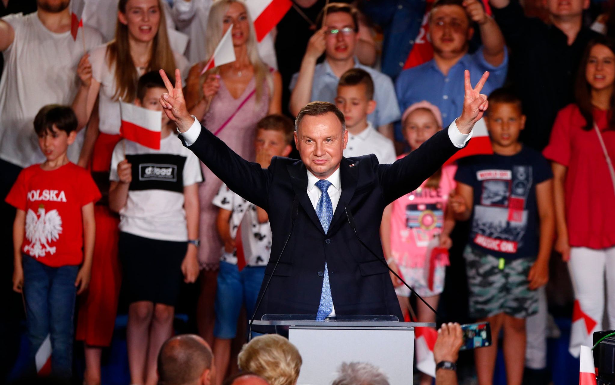 28.06.2020 Lowicz . Amfiteatr . Prezydent Andrzej Duda podczas wieczoru wyborczego . Poland's presidential election, first round . Wybory prezydenckie 2020 , pierwsza tura .
Fot. Marcin Stepien / Agencja Gazeta