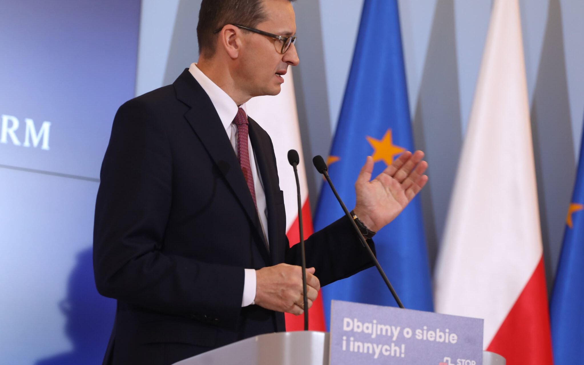08.10.2020 Warszawa . Kancelaria Prezesa Rady Ministrow . Premier Mateusz Morawiecki podczas konferencji prasowej w sprawie epidemi koronawirusa . 08.10.2020 padl kolejny rekord zachorowan na koronawirusa .
Fot. Slawomir Kaminski / Agencja Gazeta