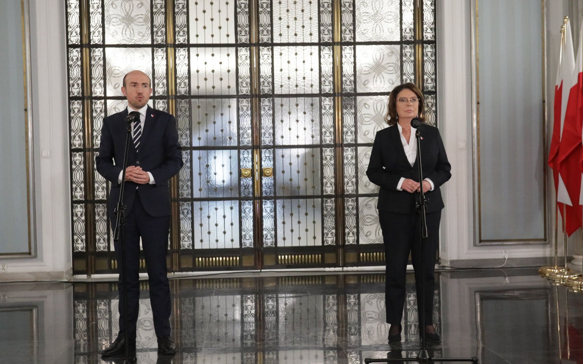 07.05.2020  Warszawa , Sejm .  Przewodniczacy Platformy Obywatelskiej Borys Budka (L),  wicemarszalek Sejmu , kandydatka w wyborach prezydenckich  Malgorzata Kidawa - Blonska  (P) podczas konferencji prasowej dot. wyborow prezydenckich . Piaty dzien 11 posiedzenia Sejmu IX Kadencji .
Sejm odrzucil uchwale Senatu ws ustawy dot. glosowania
korespondencyjnego w wyborach prezydenckich 2020 r.
Fot. Slawomir Kaminski / Agencja Gazeta
