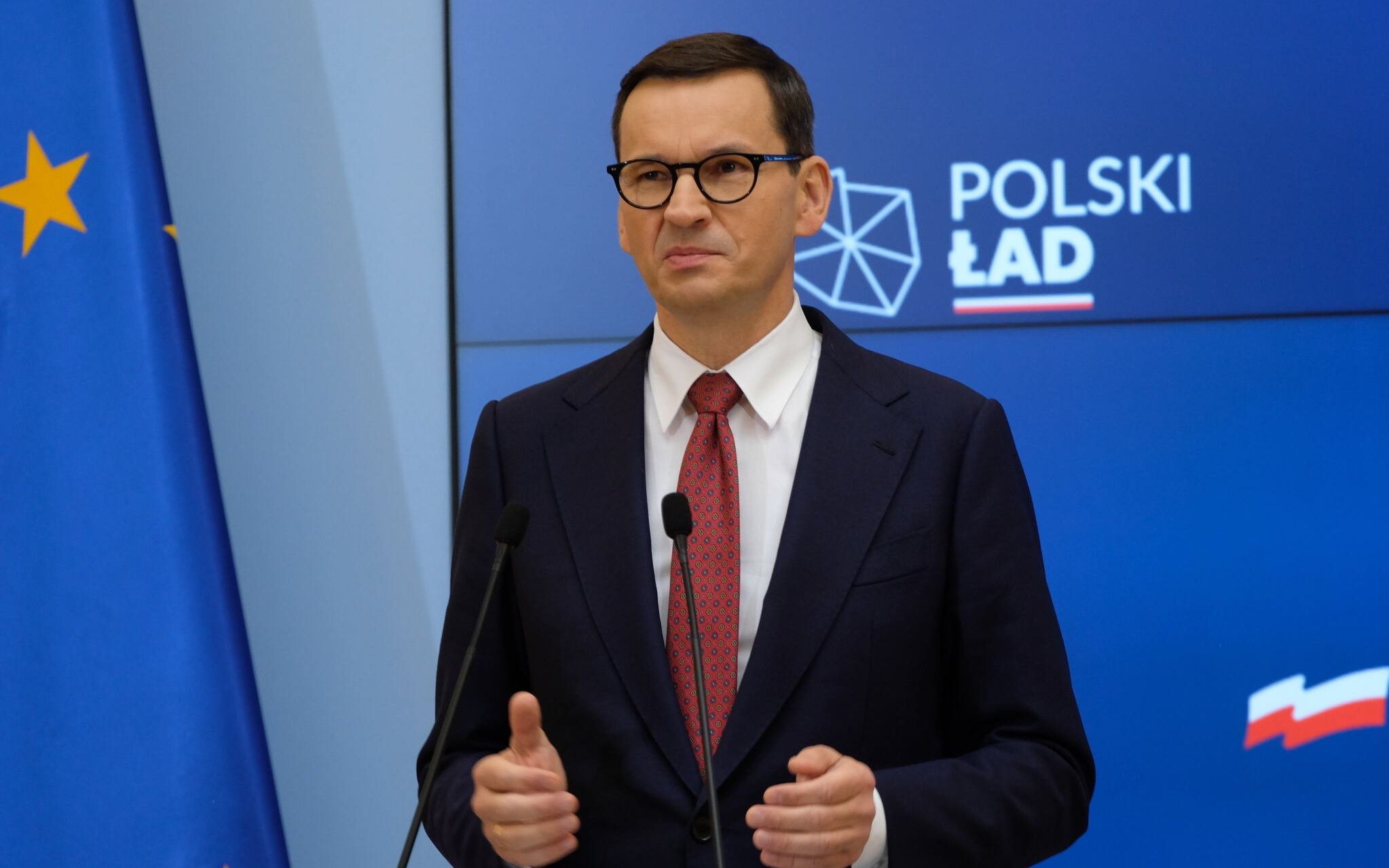 21.09.2021 Warszawa , Aleje Ujazdowskie . Kancelaria Prezesa Rady Ministrow . Premier Mateusz Morawiecki podczas konferencji prasowej w sprawie nowelizacji ustawy budzetowej i epidemii koronawirusa .
Fot. Slawomir Kaminski / Agencja Gazeta
