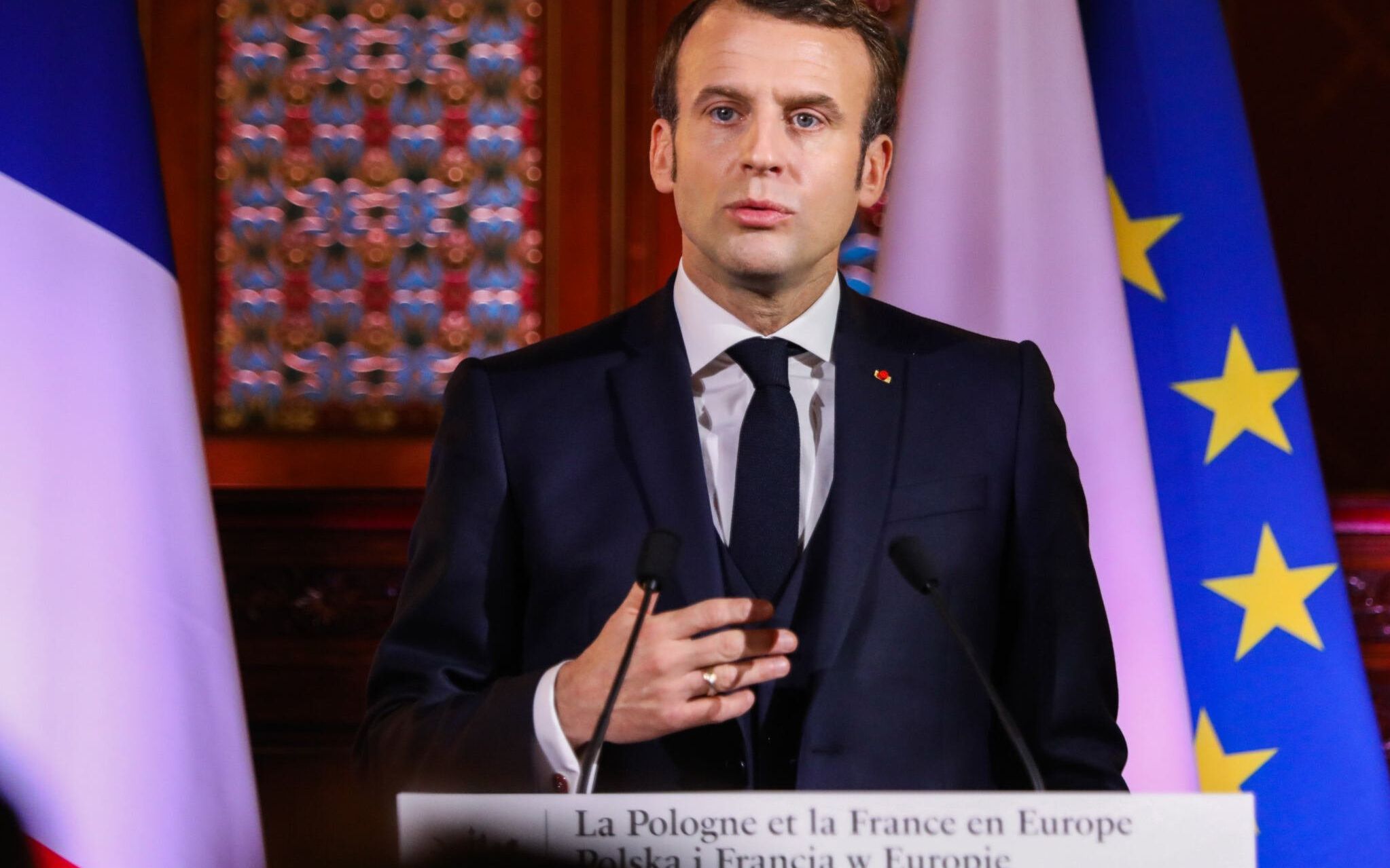 04.02.2020 Krakow , Collegium Novum UJ . Prezydent Francji Emmanuel Macron podczas wykladu dla studentow UJ .  Fot. Adrianna Bochenek / Agencja Wyborcza.pl