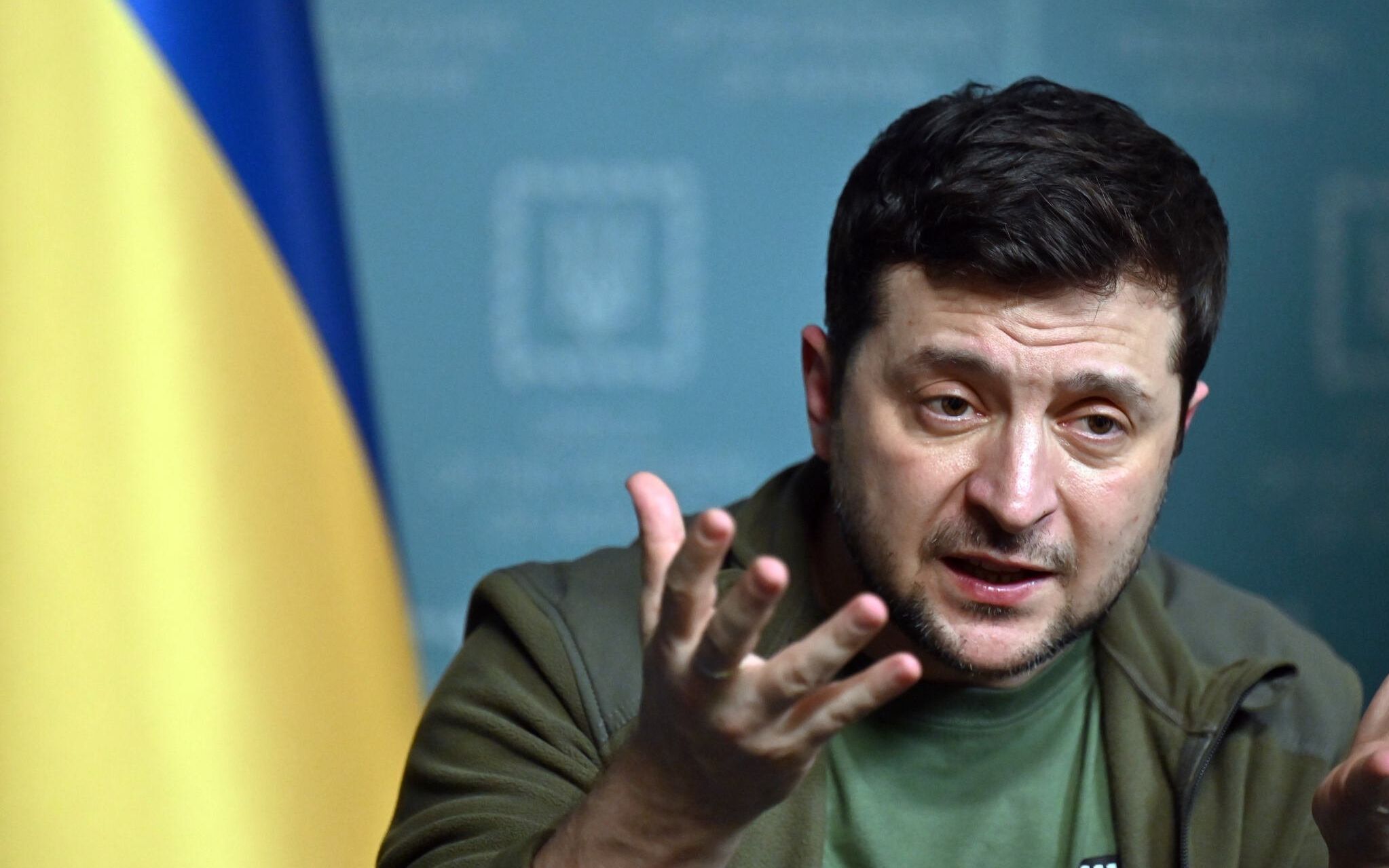 Ukrainian President Volodymyr Zelensky speaks during a press conference in Kyiv on March 3, 2022. - Ukraine President Volodymyr Zelensky called on the West on March 3, 2022, to increase military aid to Ukraine, saying Russia would advance on the rest of Europe otherwise. "If you do not have the power to close the skies, then give me planes!" Zelensky said at a press conference. "If we are no more then, God forbid, Latvia, Lithuania, Estonia will be next," he said, adding: "Believe me." (Photo by Sergei SUPINSKY / AFP)