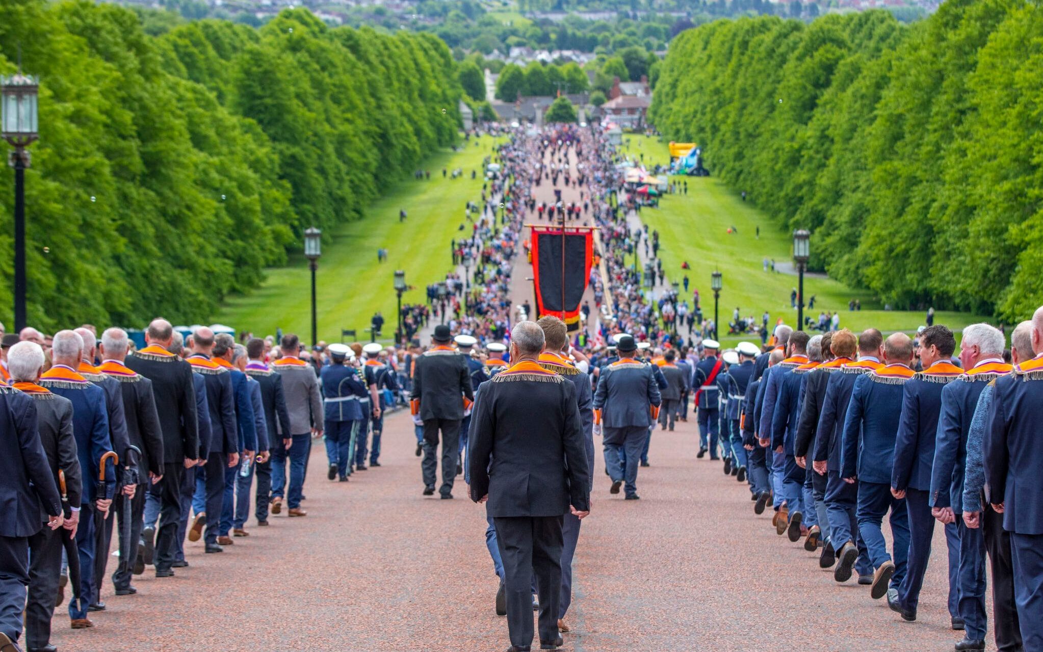 Orange Order members gather at Stormont for their Centenary parade, in Belfast on May 28, 2022, to mark the hundred years of the formation of the Northern Ireland State. (Photo by Paul Faith / AFP)