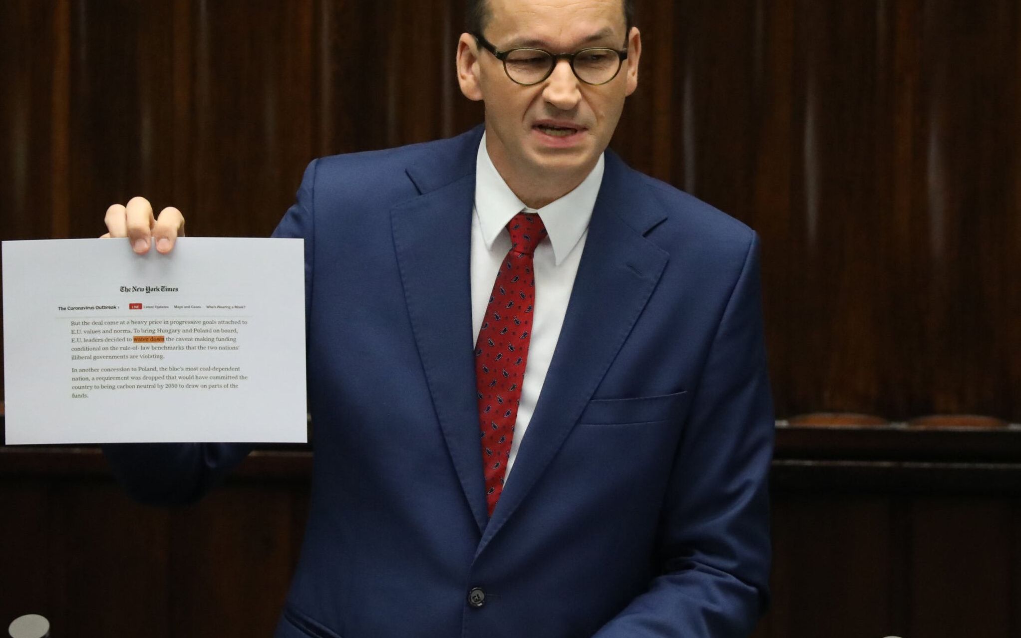 22.07.2020 Warszawa , ulica Wiejska . Sejm . 15 . posiedzenie Sejmu IX kadencji . Premier RP Mateusz Morawiecki podczas sprawozdania  po szczycie Unii Europejskiej i podpisaniu porozumienia w sprawie budzetu Unii Europejskiej na kolejne 7 lat .
Fot. Slawomir Kaminski / Agencja Gazeta