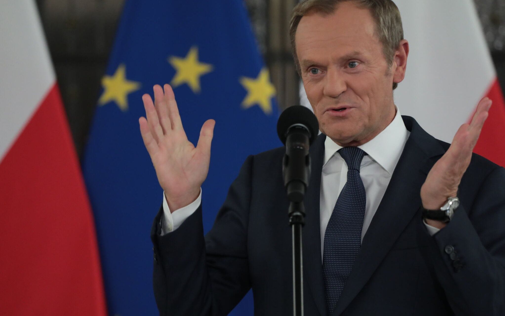 19.10.2021 Warszawa , ulica Wiejska . Sejm . Przewodniczacy Platformy Obywatelskiej Donald Tusk podczas konferencji prasowej po wystapieniu premiera Mateusza Morawieckiego w Parlamencie Europejskim w Brukseli .
Fot. Slawomir Kaminski / Agencja Wyborcza.pl