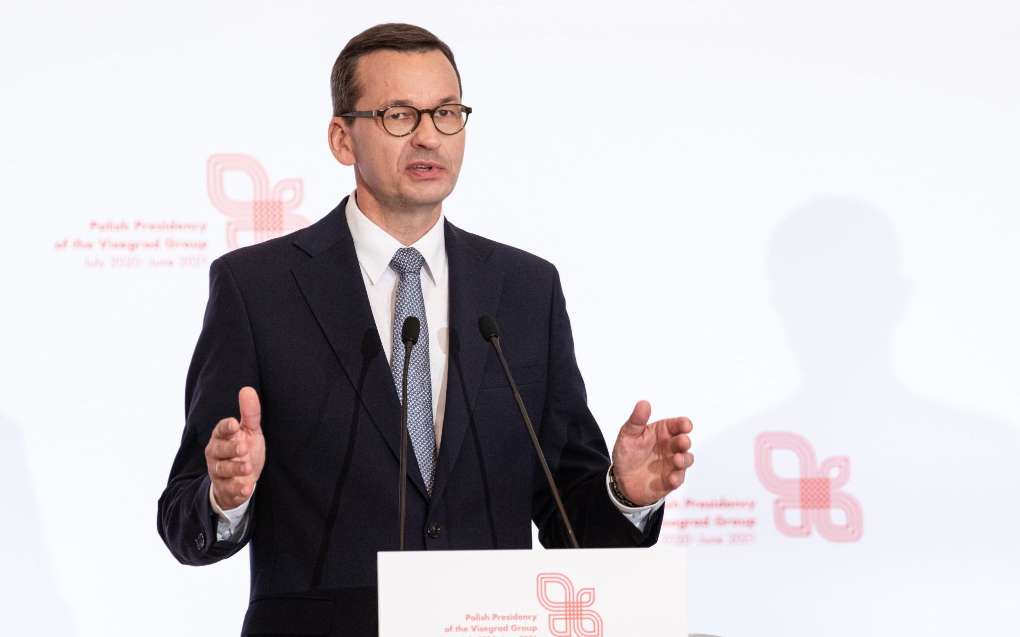 03.07.2020 Warszawa , Kancelaria Prezesa Rady Ministrow . Premier Mateusz Morawiecki podczas konferencji prasowej premierow panstw Grupy Wyszehradzkiej V4 . 
Fot. Dawid Zuchowicz / Agencja Gazeta