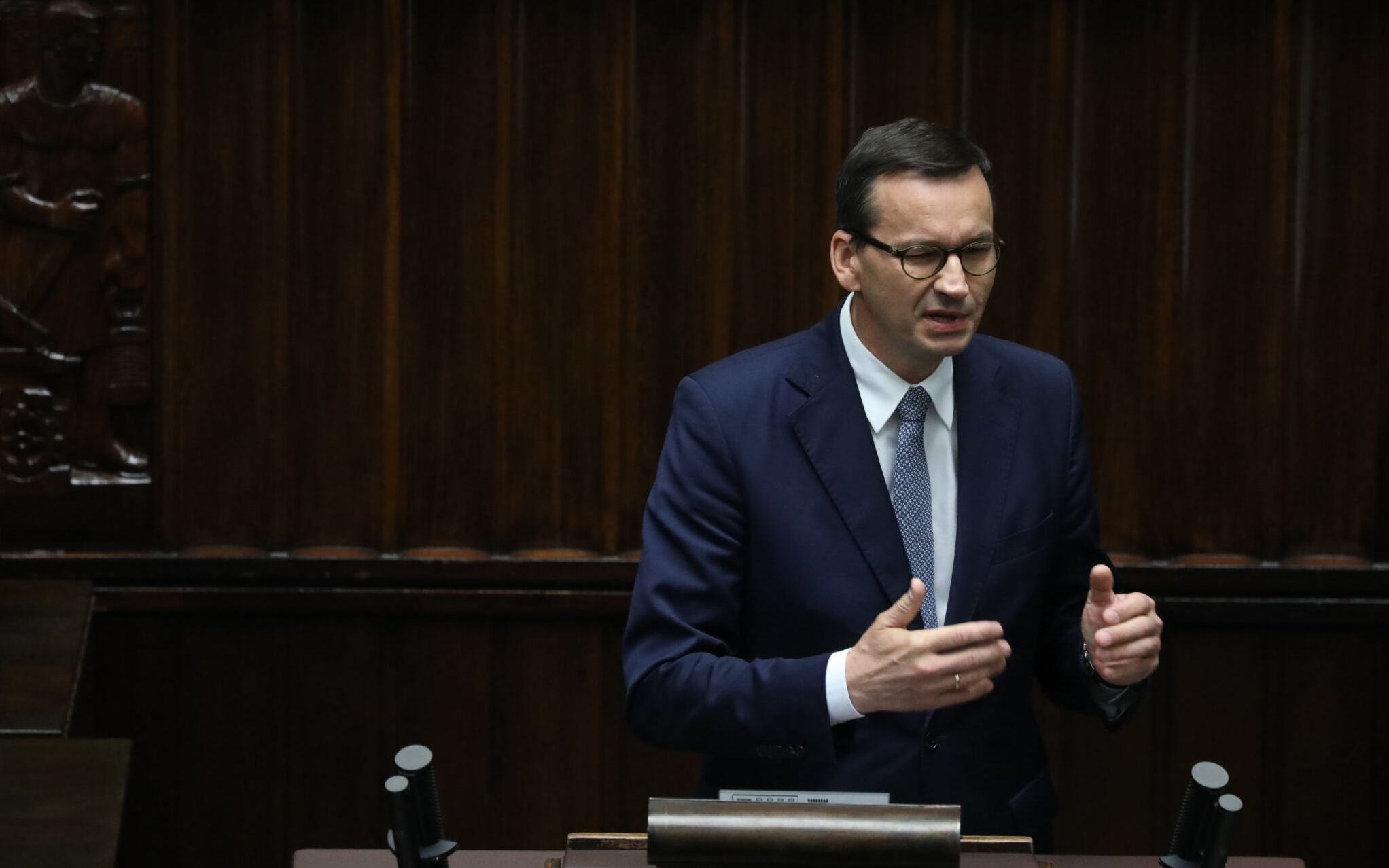 15.07.2020 Warszawa , uica Wiejska . Sejm . Premier Mateusz Morawiecki podczas debaty nad wnioskiem opozycji o wotum nieufnosci dla ministra spraw wewnetrznych i administracji Mariusza Kaminskiego .
Fot. Slawomir Kaminski / Agencja Gazeta