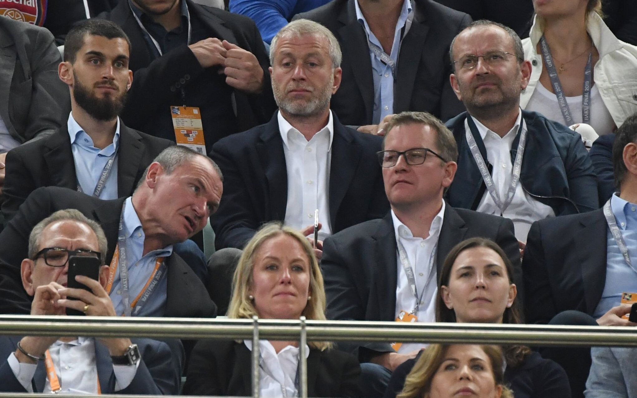 Chelsea's Russian owner Roman Abramovich (C) attends the UEFA Europa League final football match between Chelsea FC and Arsenal FC at the Baku Olympic Stadium in Baku, Azerbaijian, on May 29, 2019. (Photo by Kirill KUDRYAVTSEV / AFP)