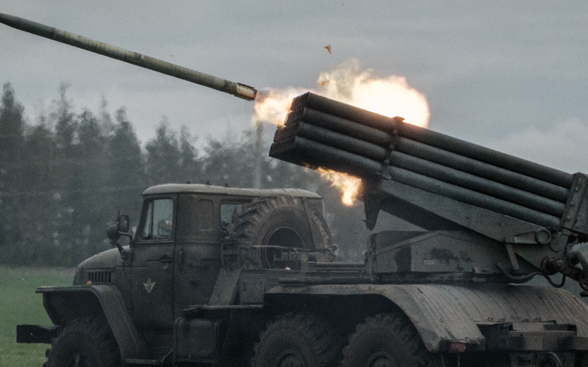 A rocket is launched from a truck-mounted multiple rocket launcher near Svyatohirsk, eastern Ukraine, on May 14, 2022, amid the Russian invasion of Ukraine. (Photo by Yasuyoshi CHIBA / AFP)