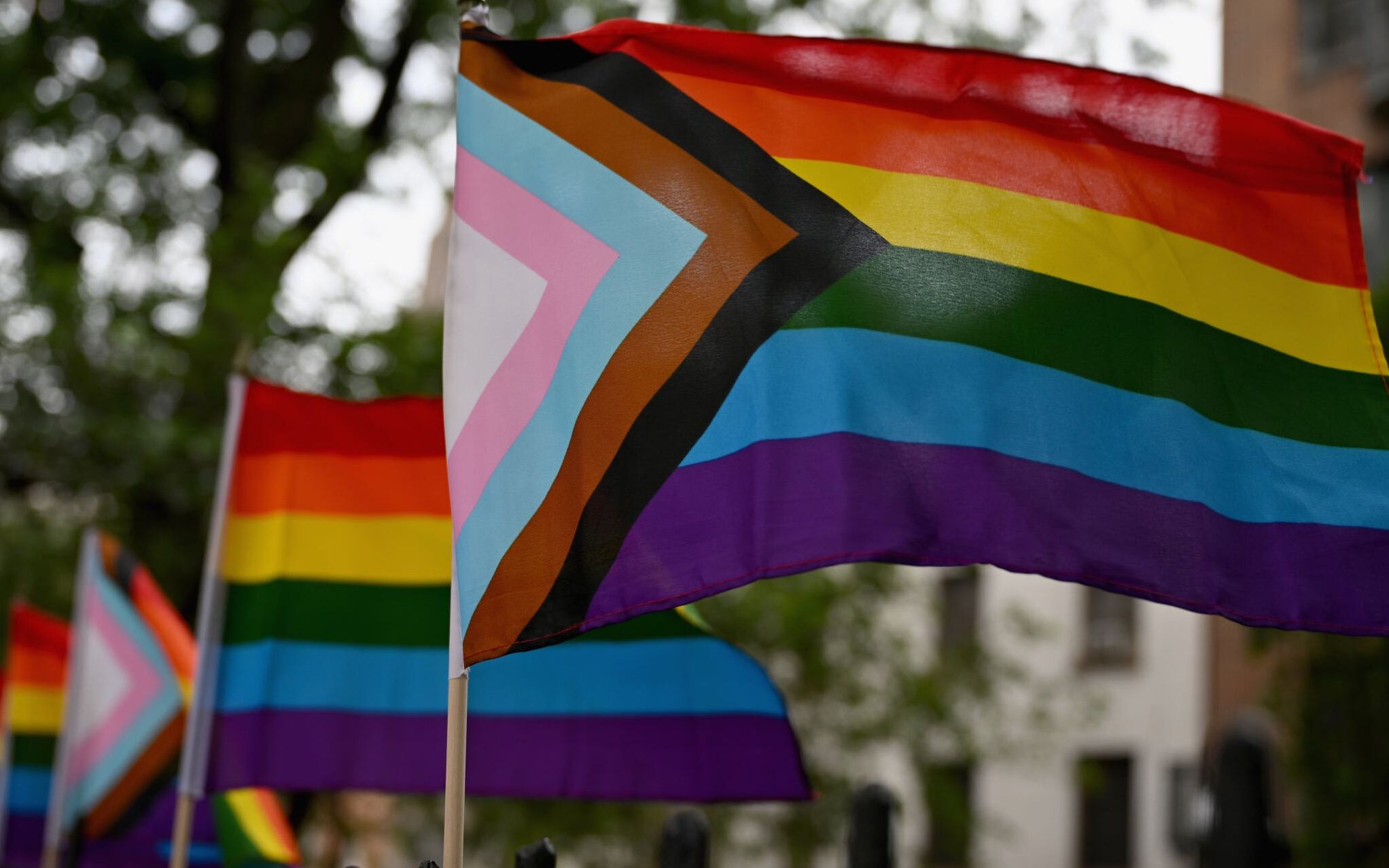 Rainbow flags, a symbol of lesbian, gay, bisexual, transgender (LGBT) and queer pride and LGBT social movements, are seen outside the Stonewall Monument in New York City on June 7, 2022. - Lesbian, Gay, Bisexual, Transgender and Queer (LGBTQ) Pride Month is celebrated in the month of June to honor the 1969 Stonewall riots. (Photo by Angela Weiss / AFP)