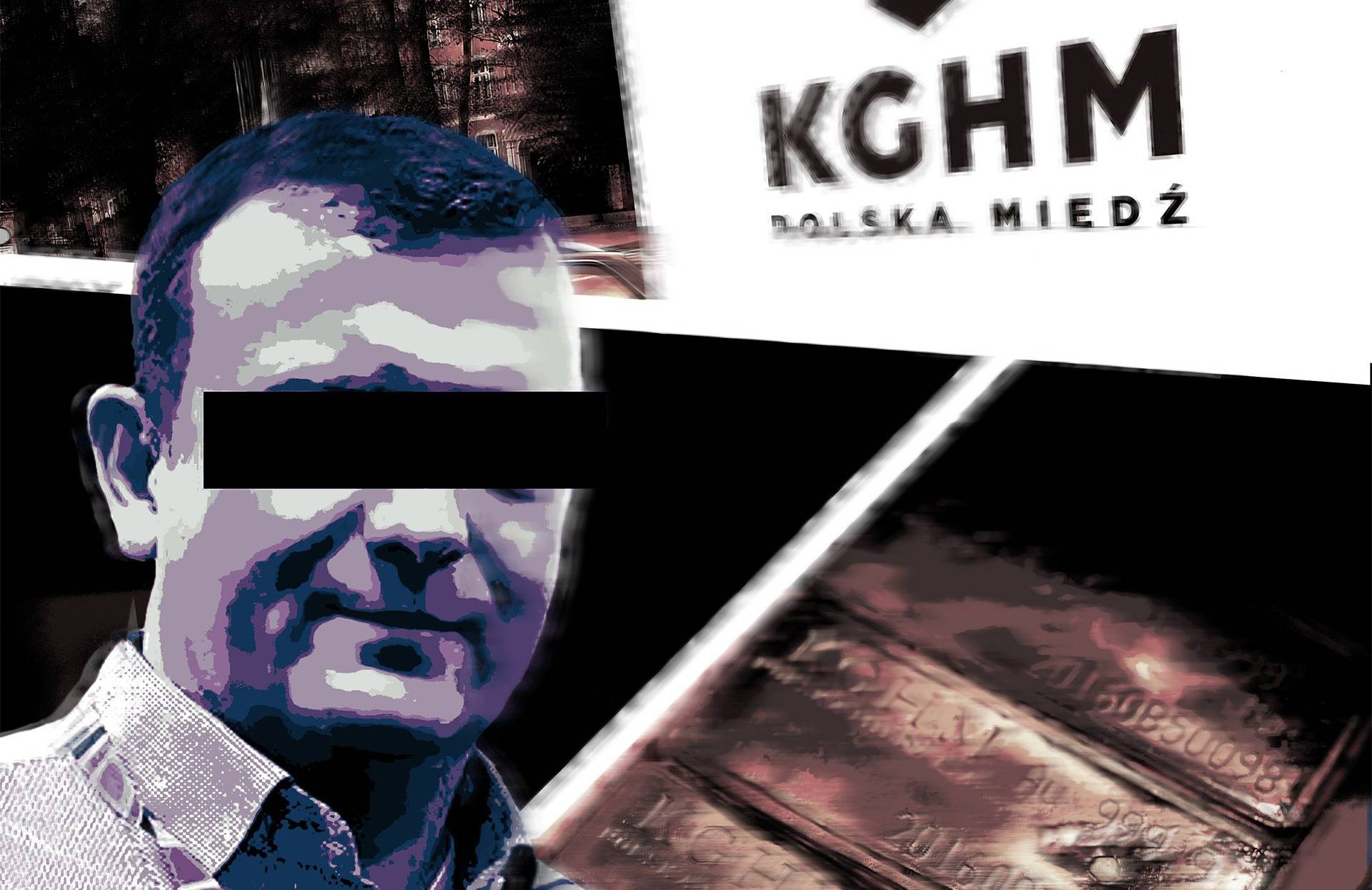 ilustracja przedstawiająca Janusza Jabłońskiego z czarnym paskiem na oczach. W tle logo KGHM