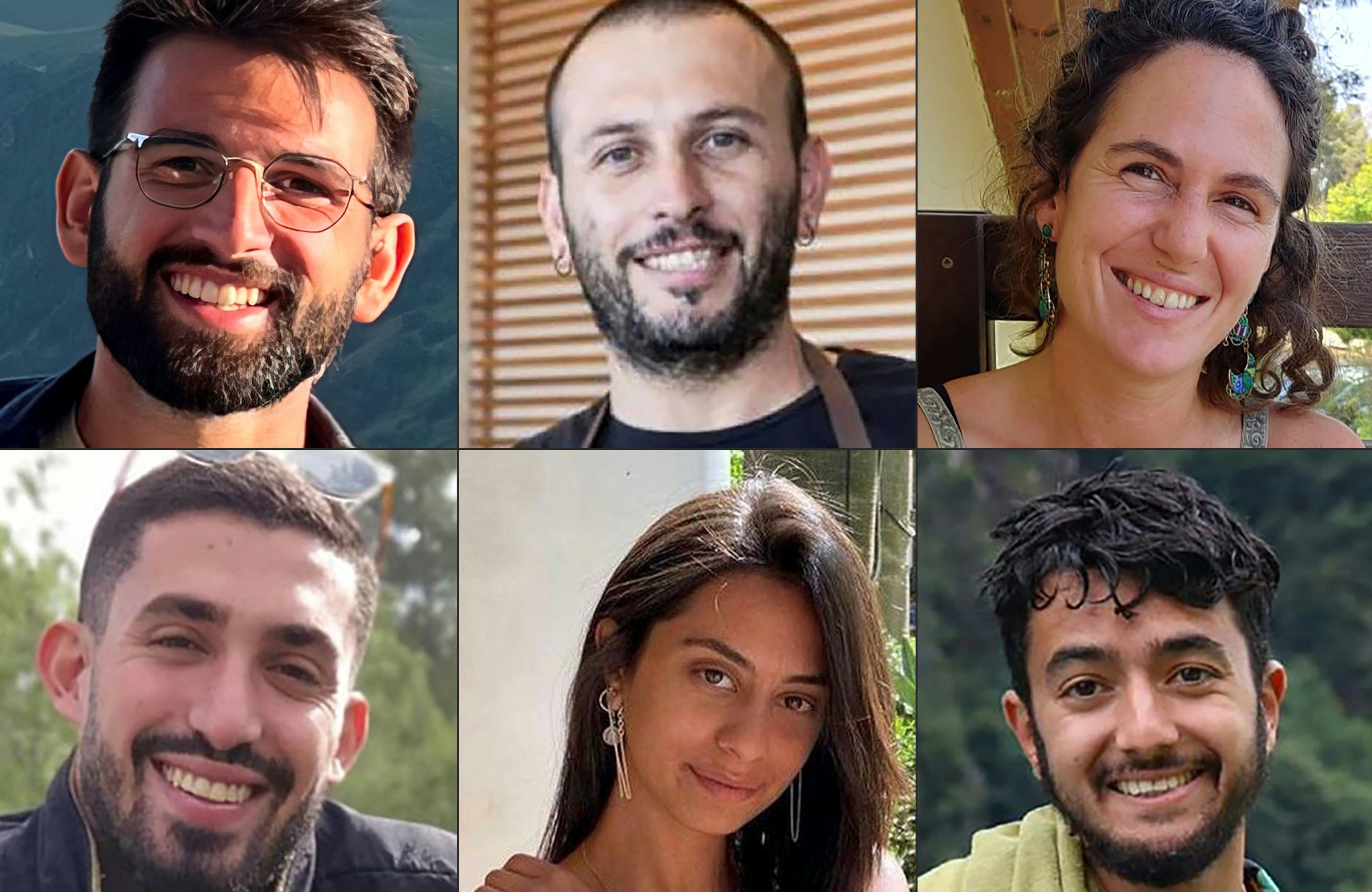 Od góry od prawej do lewej: Almog Sarusi, Alexander Lubanov, Carmel Gat, Ori Danino, Eden Yerushalmi i Hersh Goldberg-Polin - to ich ciała odnalazła izraelska armia na terenie Gazy 1 września 2024 roku.