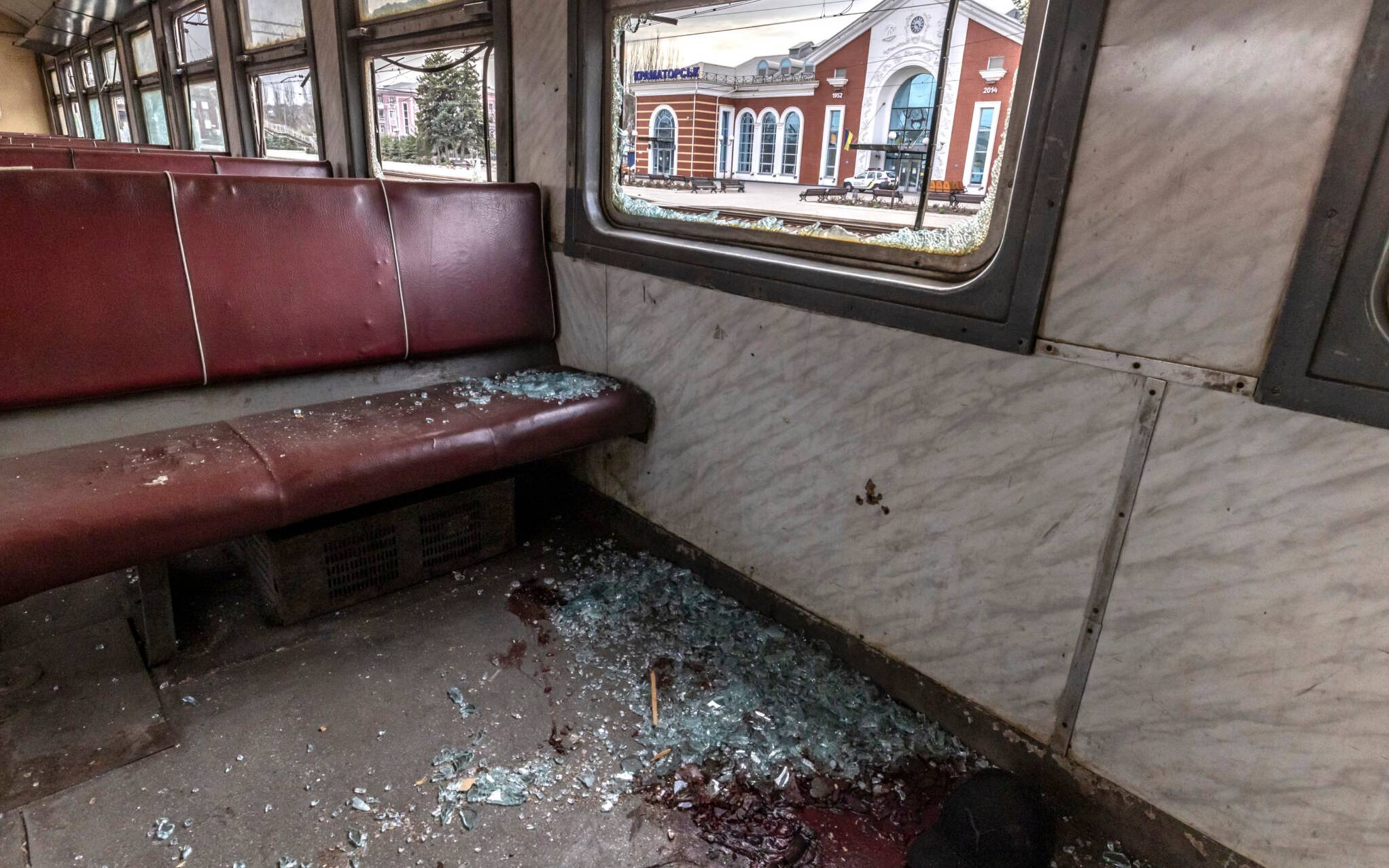 EDITORS NOTE: Graphic content / This photograph taken on April 8, 2022 shows a train car after a rocket attack at a train station in Kramatorsk, eastern Ukraine, that was being used for civilian evacuations. - A rocket attack on a train station in the eastern Ukrainian city of Kramatorsk killed dozens on April 8, 2022 as civilians raced to flee the Donbas region bracing for a feared Russian offensive. Fifty people were killed, including five children, the regional governor of Donetsk, Pavlo Kyrylenko, said as the toll rose on one of the deadliest strikes of the six-week-old war. (Photo by FADEL SENNA / AFP)