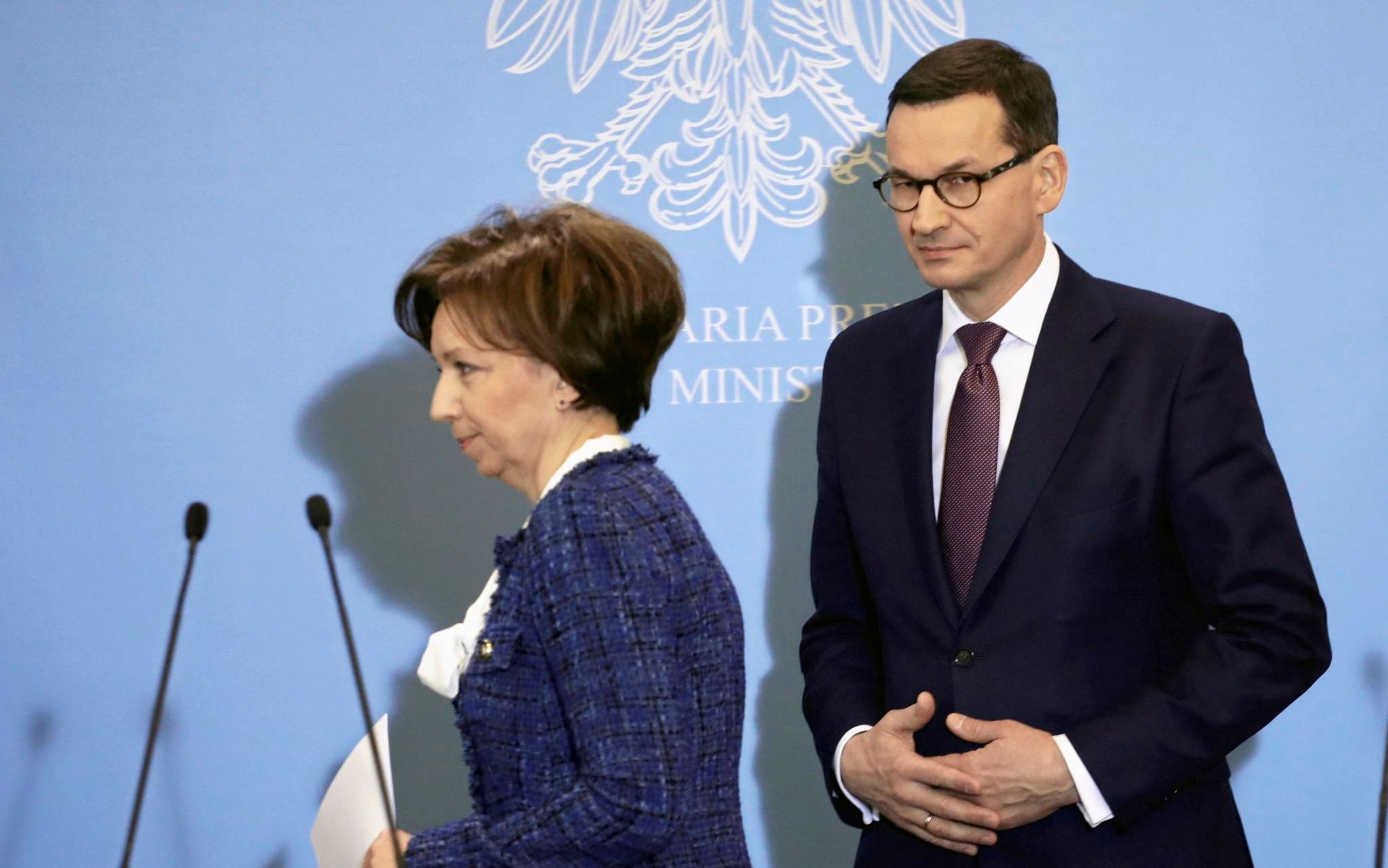 16.12.2019 Warszawa , aleje Ujazdowskie 1/3 , KPRM . Od lewej: minister rodziny Marlena Malag , premier Mateusz Morawiecki podczas konferencji prasowej po posiedzeniu Rady Rodziny .
Fot. Maciek Jazwiecki / Agencja Gazeta