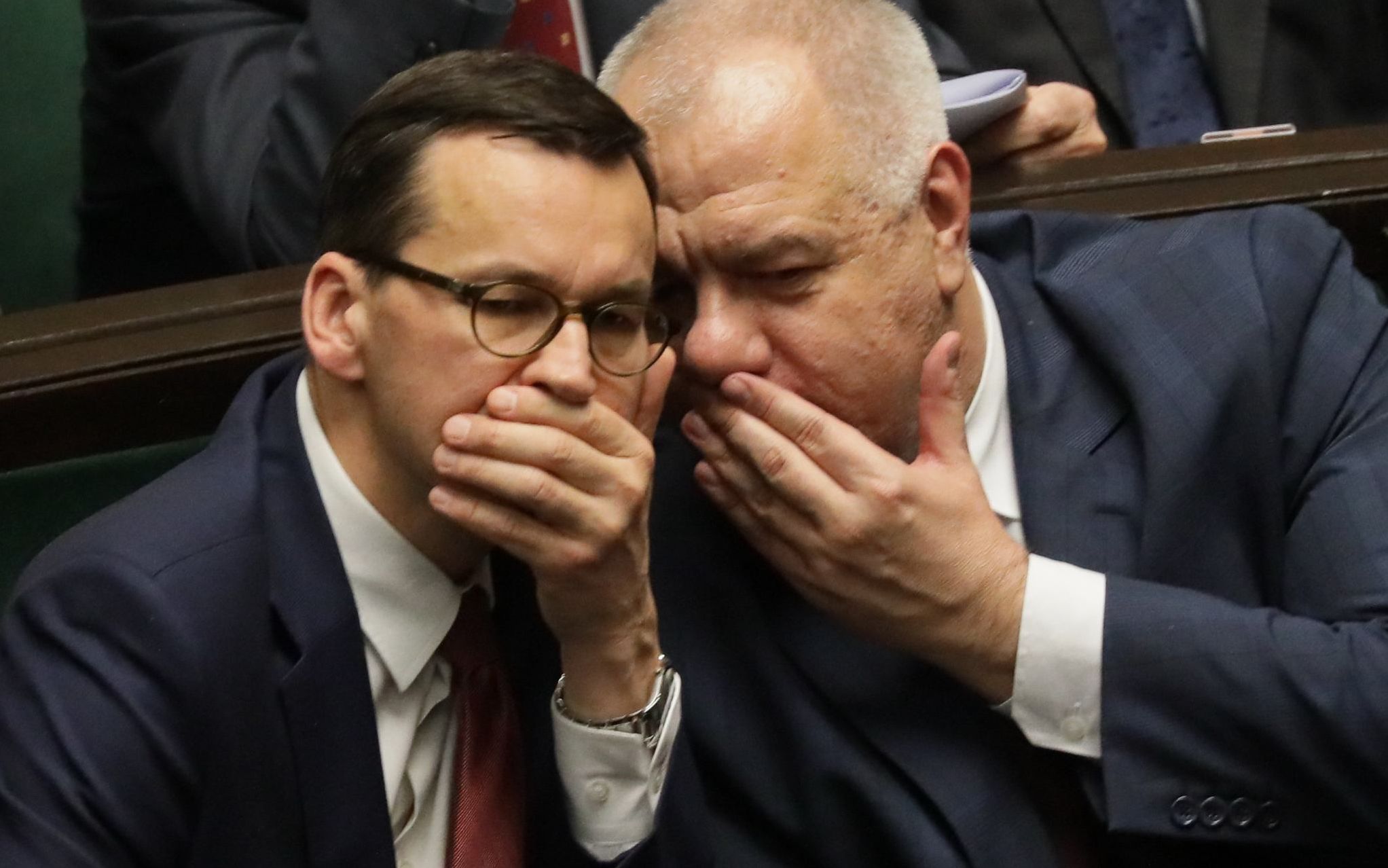 13.11.2019  Warszawa , ulica Wiejska . Sejm . Krzysztof Tchorzewski , Antoni Macierewicz , Lukasz Schreiber , Mateusz Morawiecki , Jacek Sasin podczas drugiego dnia pierwszego posiedzenia Sejmu X Kadencji .
Fot. Slawomir Kaminski / Agencja Gazeta