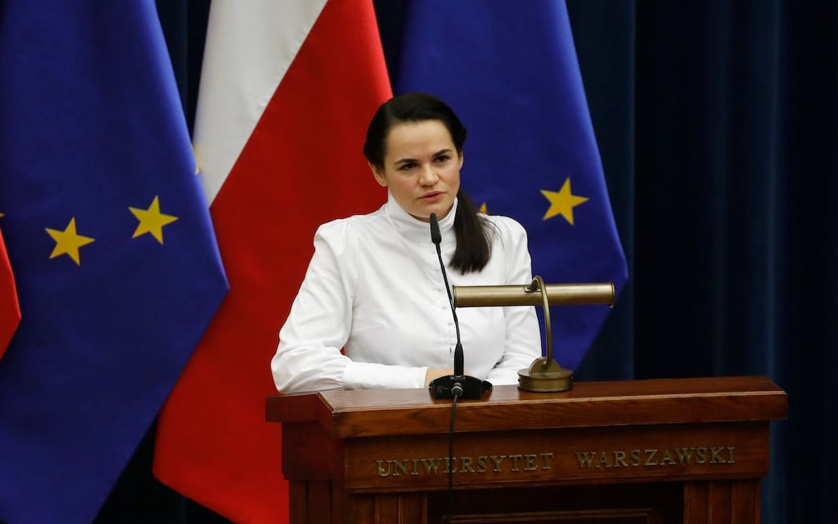 09.09.2020 Warszawa , Krakowskie Przedmiescie , Uniwersytet Warszawski , Auditorium Maximum . Bialoruska opozycjonistka Swiatlana Cichanouska podczas spotkania ze studentami . 
Fot. Maciek Jazwiecki / Agencja Gazeta