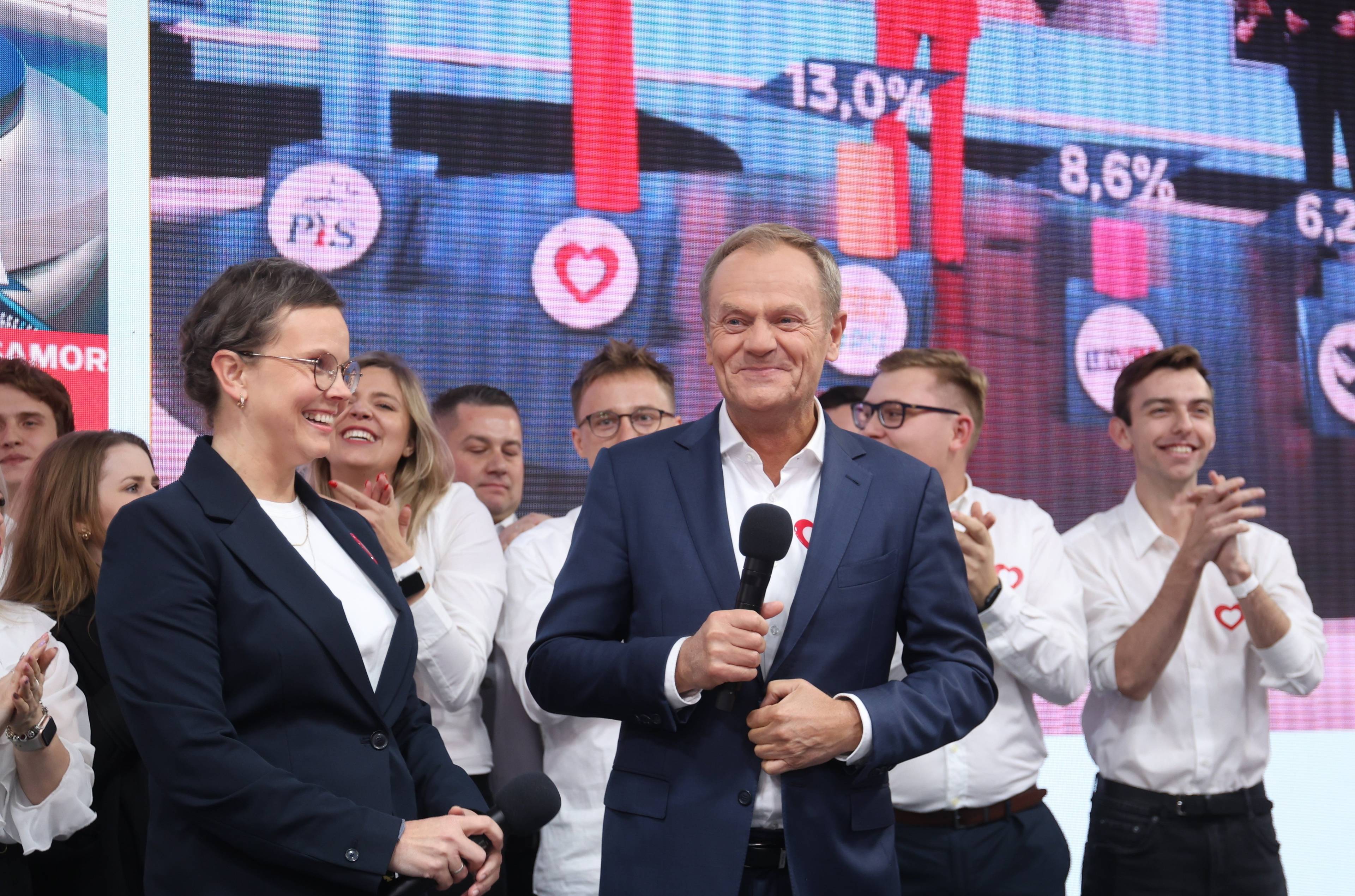 Uśmiechnięty Donald Tusk w marynarce i białej koszuli stoi na scenie podczas wieczoru wyborczego