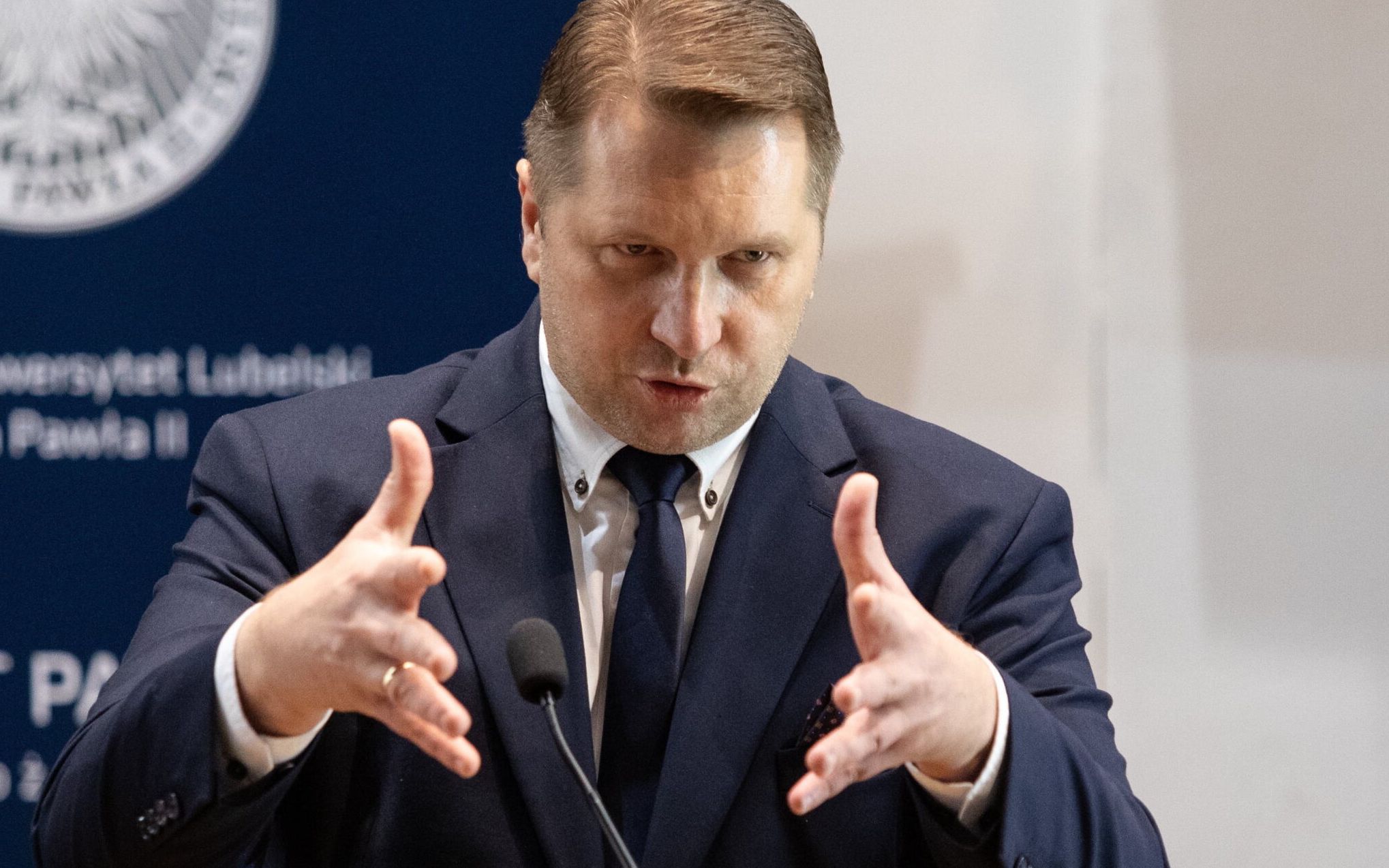17.10.2021 Lublin . Katolicki Uniwersytet Lubelski . Inauguracja roku akademickiego . Minister edukacji i nauki Przemysław Czarnek podczas wykładu inauguracyjnego ''Spór o praworządność''.