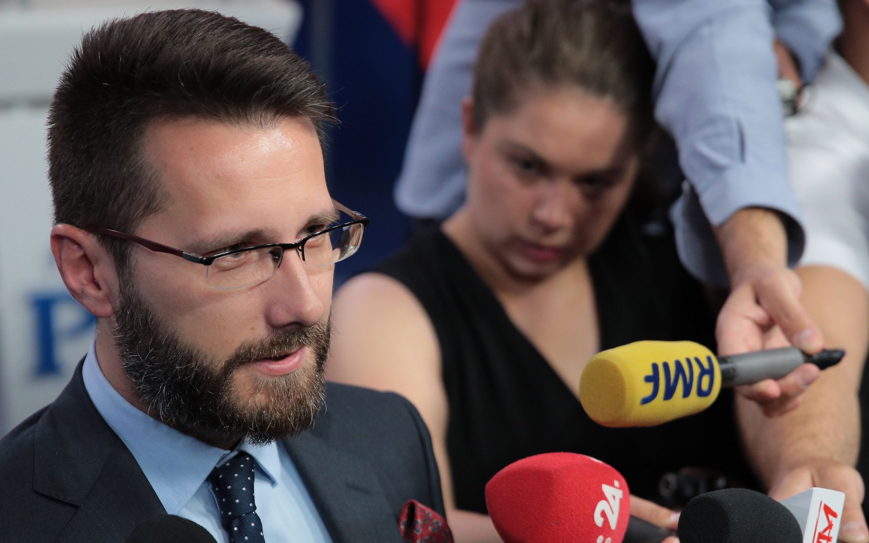 13.07.2019 Warszawa , ul. Nowogrodzka 84 / 86 . Prezes PiS Jaroslaw Kaczynski prezentuje 41 liderow list do wyborow parlamentarnych . na zdjeciu Radoslaw Fogiel