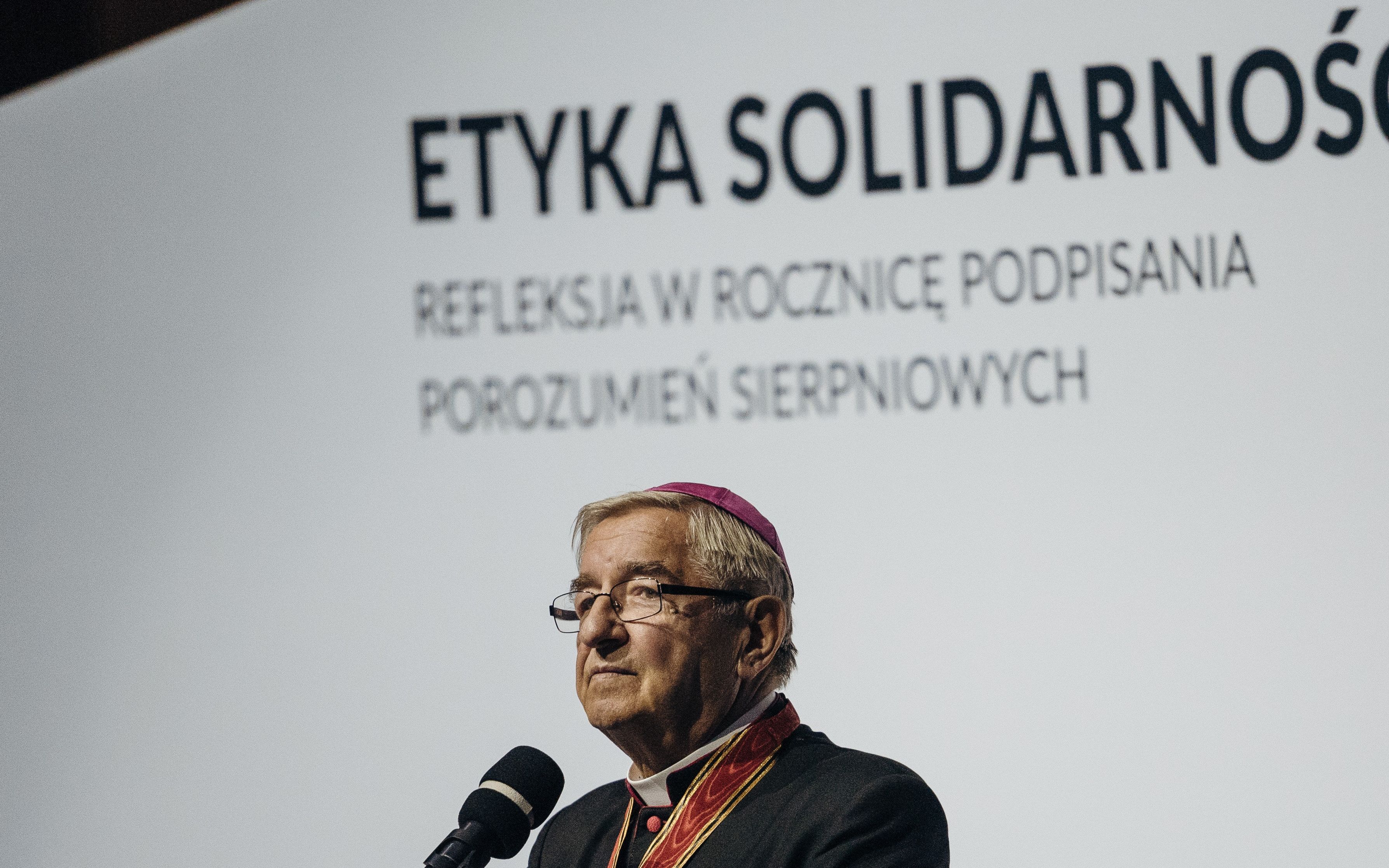 30.08.2018 Gdansk , ul . Plac Solidarnosci 1 . Europejskie Centrum Solidarnosci . Wyklad z cyklu " Etyka Solidarnosci " . Prelegentem jest Kardynal Reinhard Marx z Niemiec . Na zdjeciu Metropolita Gdanski abp Slawoj Leszek - Glodz .
 Fot. Bartosz Banka / Agencja Gazeta