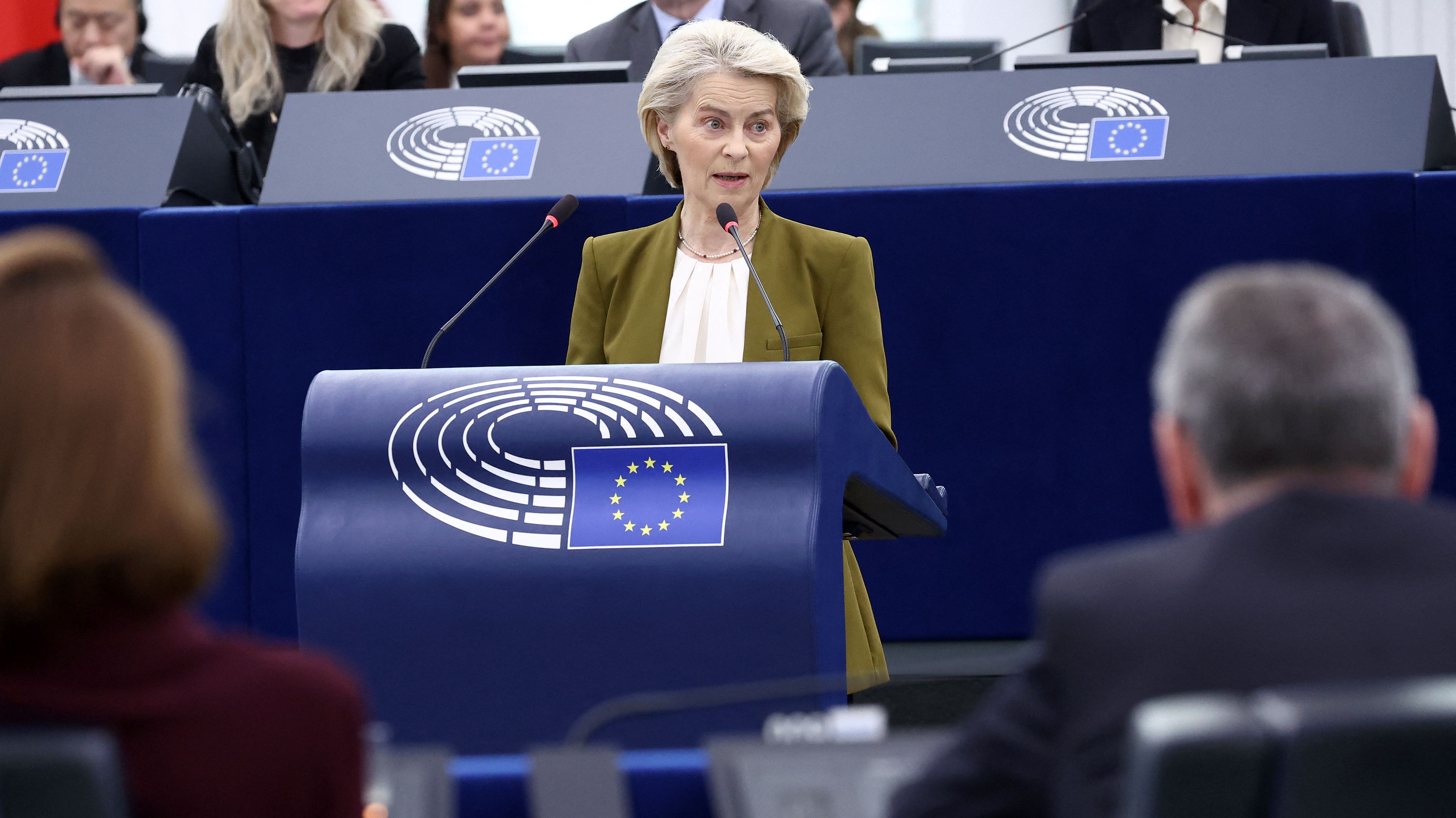 European Commission President Ursula von der Leyen speaks during a debate on the urgent action required to boost EU competitiveness, deepen the single market, and reduce the cost of living, at the European Parliament in Strasbourg, eastern France, on February 11, 2026. (Photo by FREDERICK FLORIN / AFP)