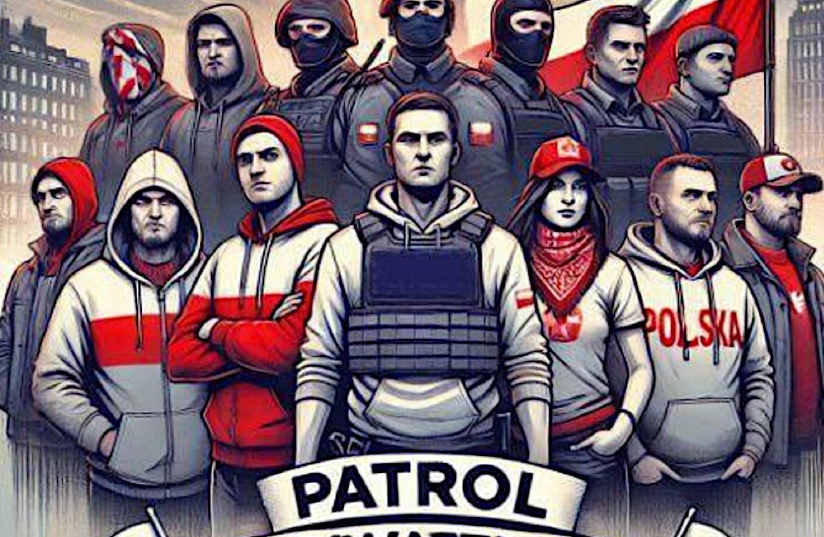 Grafika z grupy Patrol Obywatelski na Telegramie. Dwa rzędy stojących mężczyzn na tle Pałącu Kultury w Warszawie. Jeden rząd w bluzach z kapturami , niektóre postacie są zamaskowane. Drugi rząd bez masek na twarzach. Na dole biało-czerwone flagi