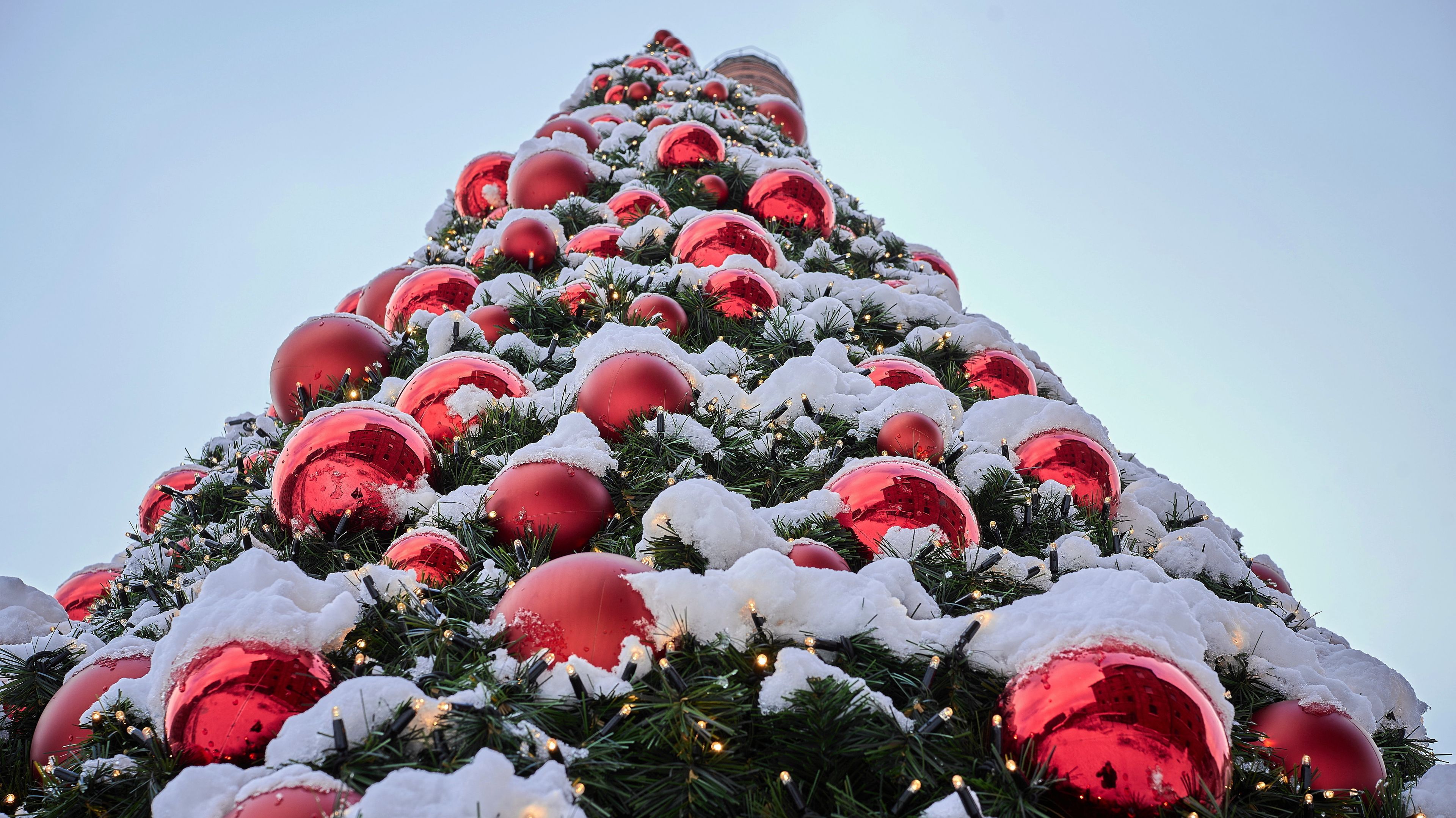 Zdjęcie góry zielonej choinki, pokrytej śniegiem, na której wiszą czerwone duże bombki