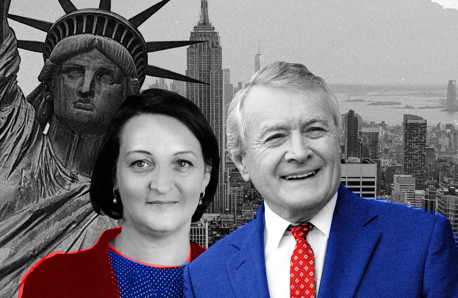 Szefowa Instytutu Pileckiego Magdalena Gawin i były minister kultury Piotr Gliński na tle nowojorskich landmarków