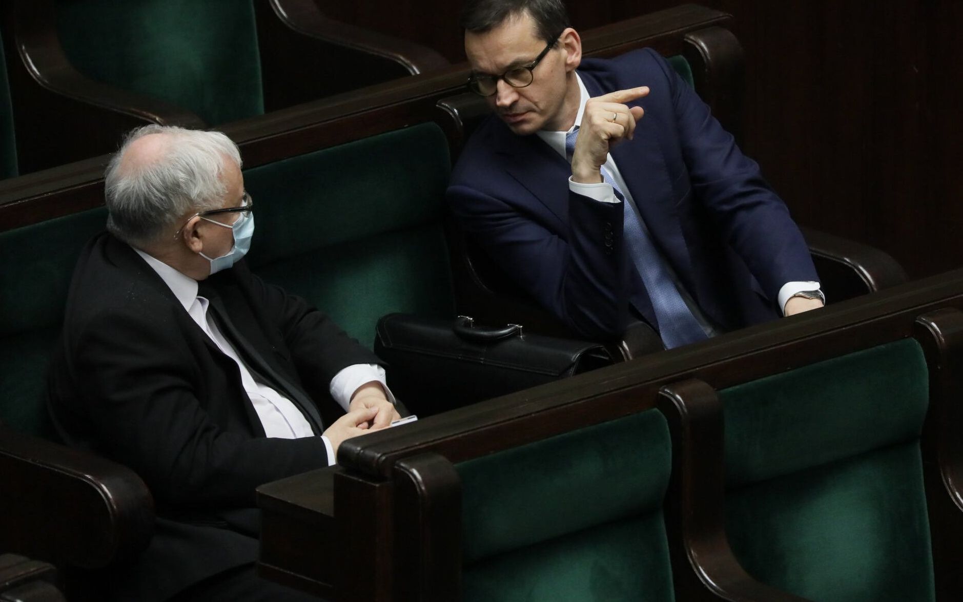 14.05.2020 Warszawa . Sejm . Siodmy dzien 11 posiedzenia Sejmu IX kadencji . Od lewej: Jaroslaw Kaczynski , premier Mateusz Morawiecki podczas bloku glosowan , glownie nad poprawkami Senatu w sprawie epidemii covid - 19 .
Fot. Slawomir Kaminski / Agencja Gazeta