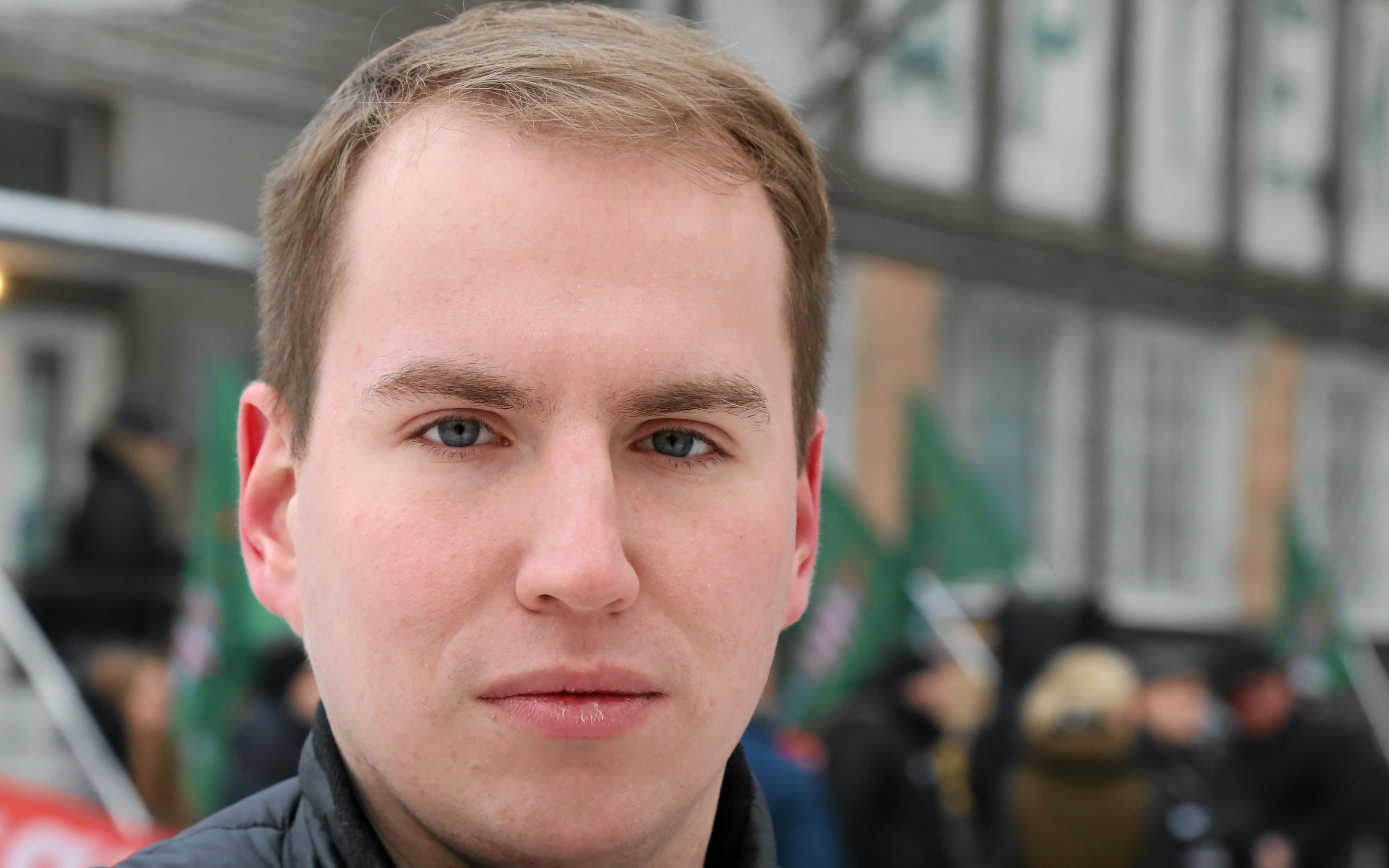 24.01.2016 Bialystok  . Antyimigrancka demonstracja pod siedziba firmy Biavita z udzialem organizacji Mlodziez Wszechpolska . 
Nz Adam Andruszkiewicz , prezes Mlodziezy Wszechpolskiej , posel do sejmu z partii Kukiz'15 .
Fot. Agnieszka Sadowska/ Agencja Gazeta *** Local Caption *** .