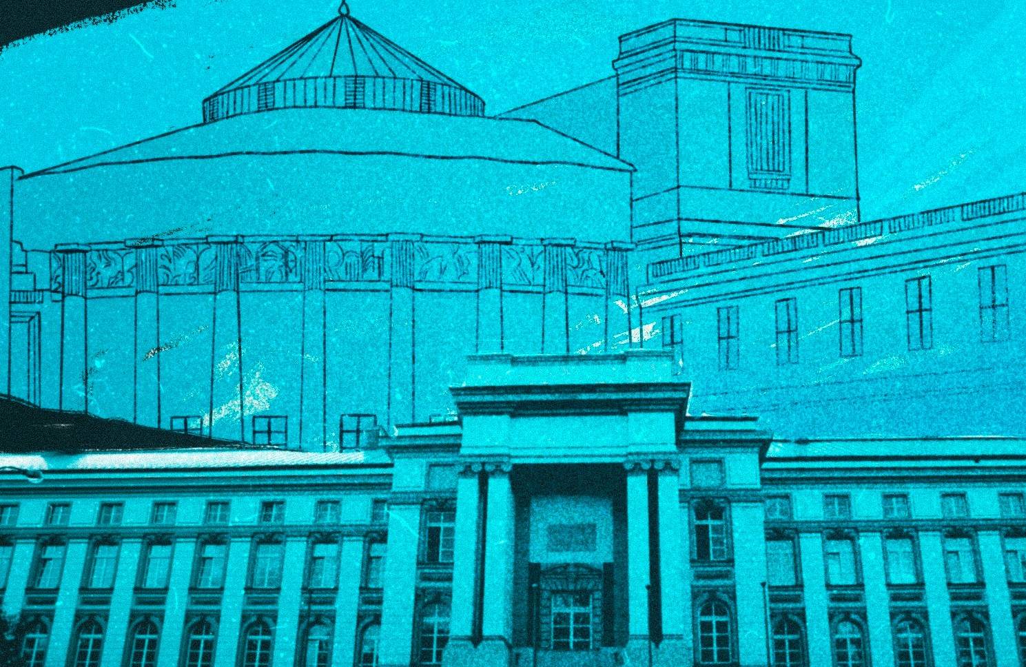Niebieska grafika przedstawiająca budynki sejmu i kancelarii premiera