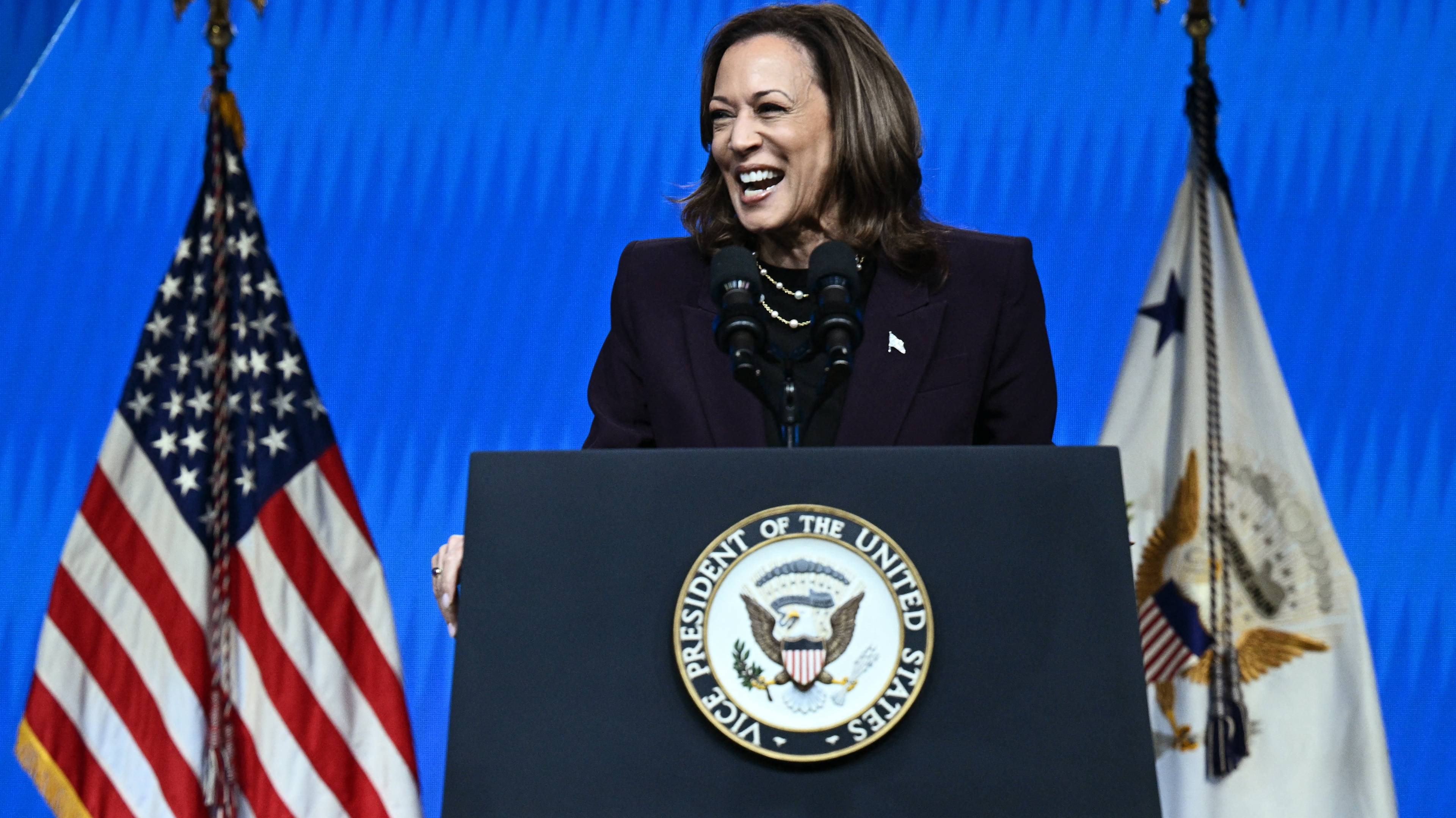 US Vice President Kamala Harris delivers the keynote speech at the American Federation of Teachers' 88th National Convention in Houston, Texas, on July 25, 2024. (Photo by Brendan SMIALOWSKI / AFP)