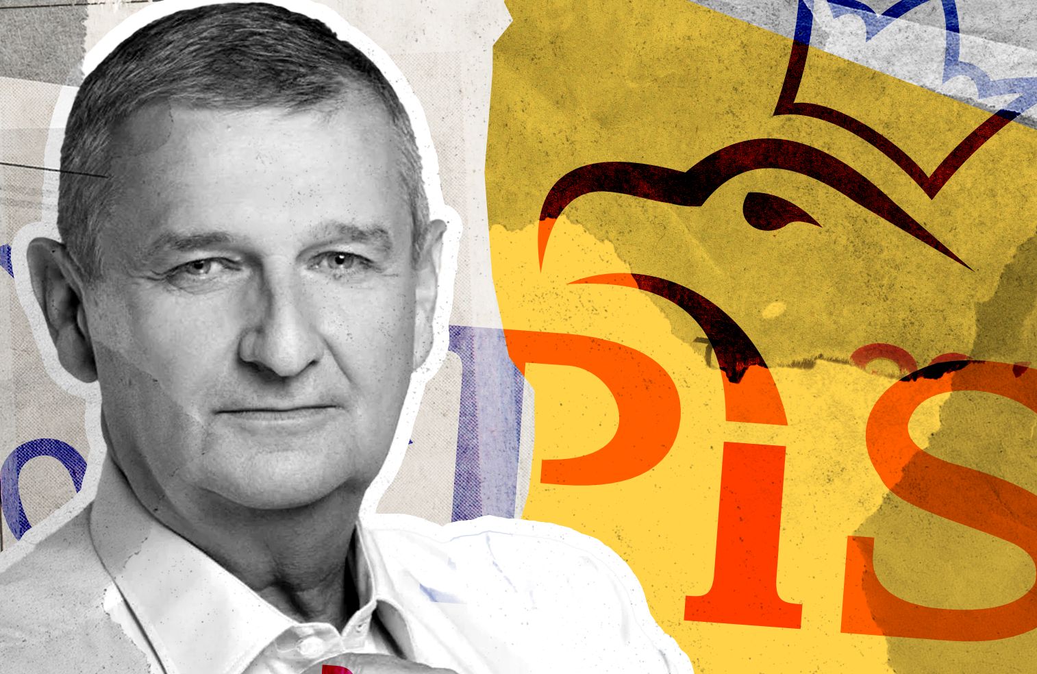 Zdjęcie Andrzeja Zaręby, na nie nałożone są tekstury papierowych gazet, w tle logo PiS