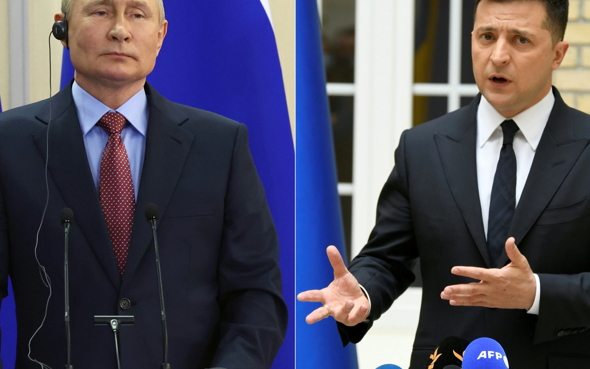 (COMBO) This combination of pictures created on January 11, 2022 shows Russian President Vladimir Putin looks on during a joint press conference with Greek Prime Minister following their talks in the Black  Ukrainian President Volodymyr Zelensky gesturing as he talks during a press conference at the Ukraine's embassy in Paris on April 16, 2021 after a working lunch with French President. - Ukrainian President Volodymyr Zelensky called on January 11, 2022 for a new summit with France, Germany and Russia to resolve the conflict in his country, at the centre of intensive talks between the West and Russia this week. (Photos by Valery SHARIFULIN and Bertrand GUAY / various sources / AFP)