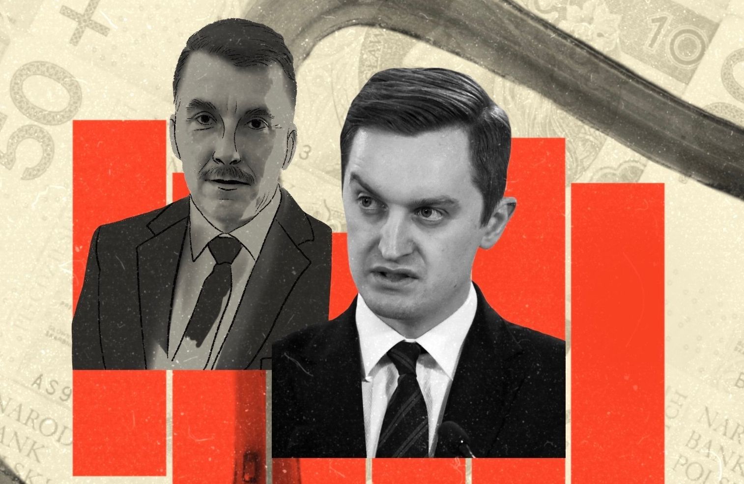 Ilustracja przedstawiająca Sebastiana Kaletę, jego stryja Bogusława na tle banknotów i wijącej się drogi. Stryj to mężczyzna w średnim wieku z wąsem i garniturem. Kaleta, 3-latek w garniturze ze srogą miną.