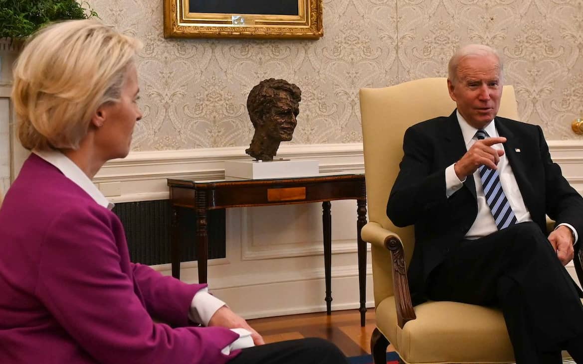 European Commission President Ursula von der Leyen meets US President Joe Biden at the Oval Office of the White House in Washington, DC on November 10, 2021.