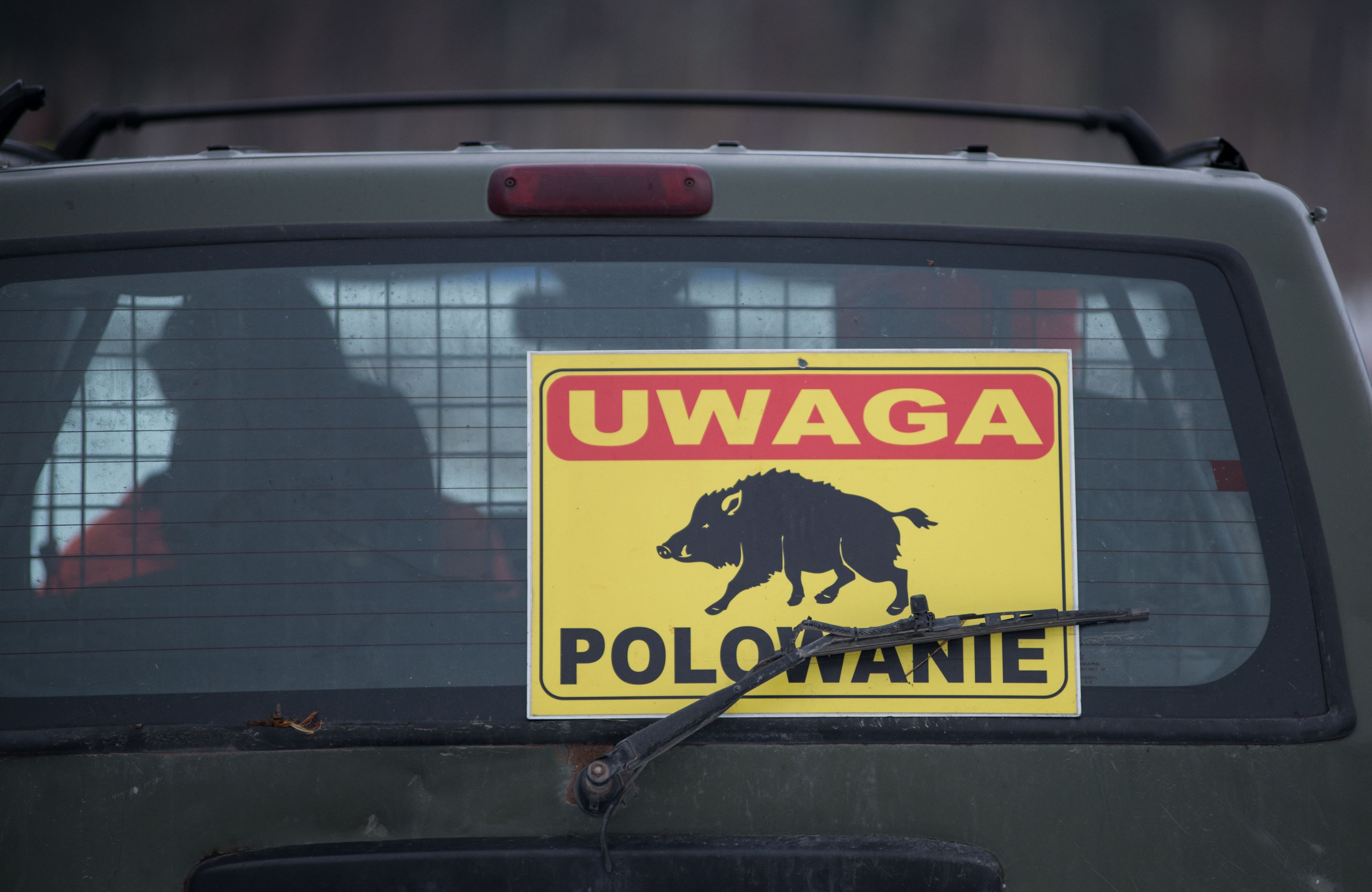 auto z tabliczką uwaga polowanie