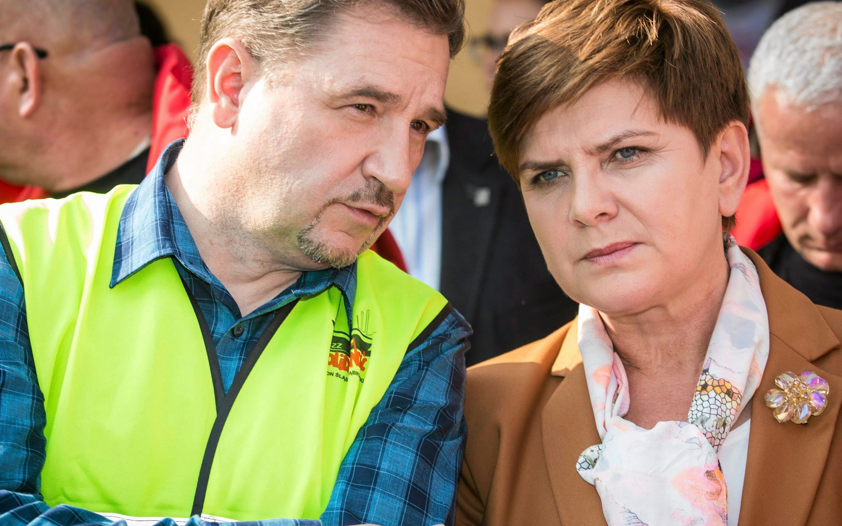 05.10.2015 Brzeszcze . Beata Szydlo i Piotr Duda podczas demonstracji zwiazkowcow gorniczych przeciwko polityce rzadu PO - PSL . 
Fot. Michal Lepecki / Agencja Gazeta