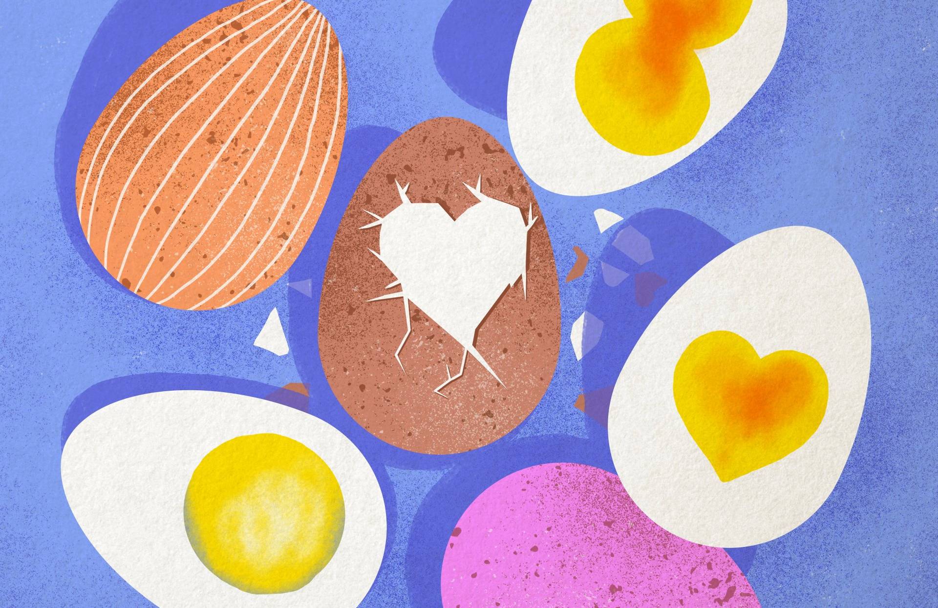 Rysunek kilku jaj w kolorowych skorupkach i kilka połówek ugotowanego jajka na twardo