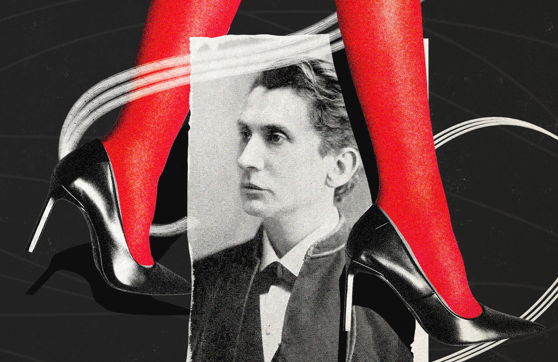 Ilustracja przedstawiająca fotografię Leopolda Schera-Masocha, nad którą widać kobiece nogi w czerwonych pończochach i czarnych szpilkach. Sacher-Masoch