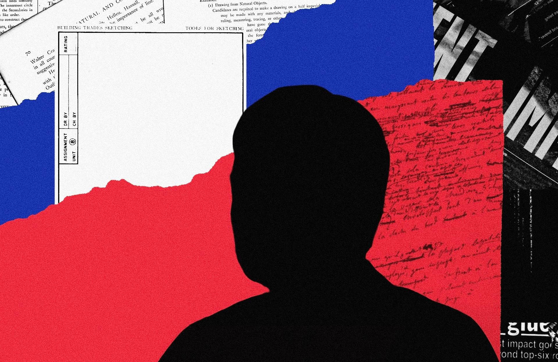 Ilustracja przedstawiająca postać na tle dokumentów układających się w kolory rosyjskiej flagi.