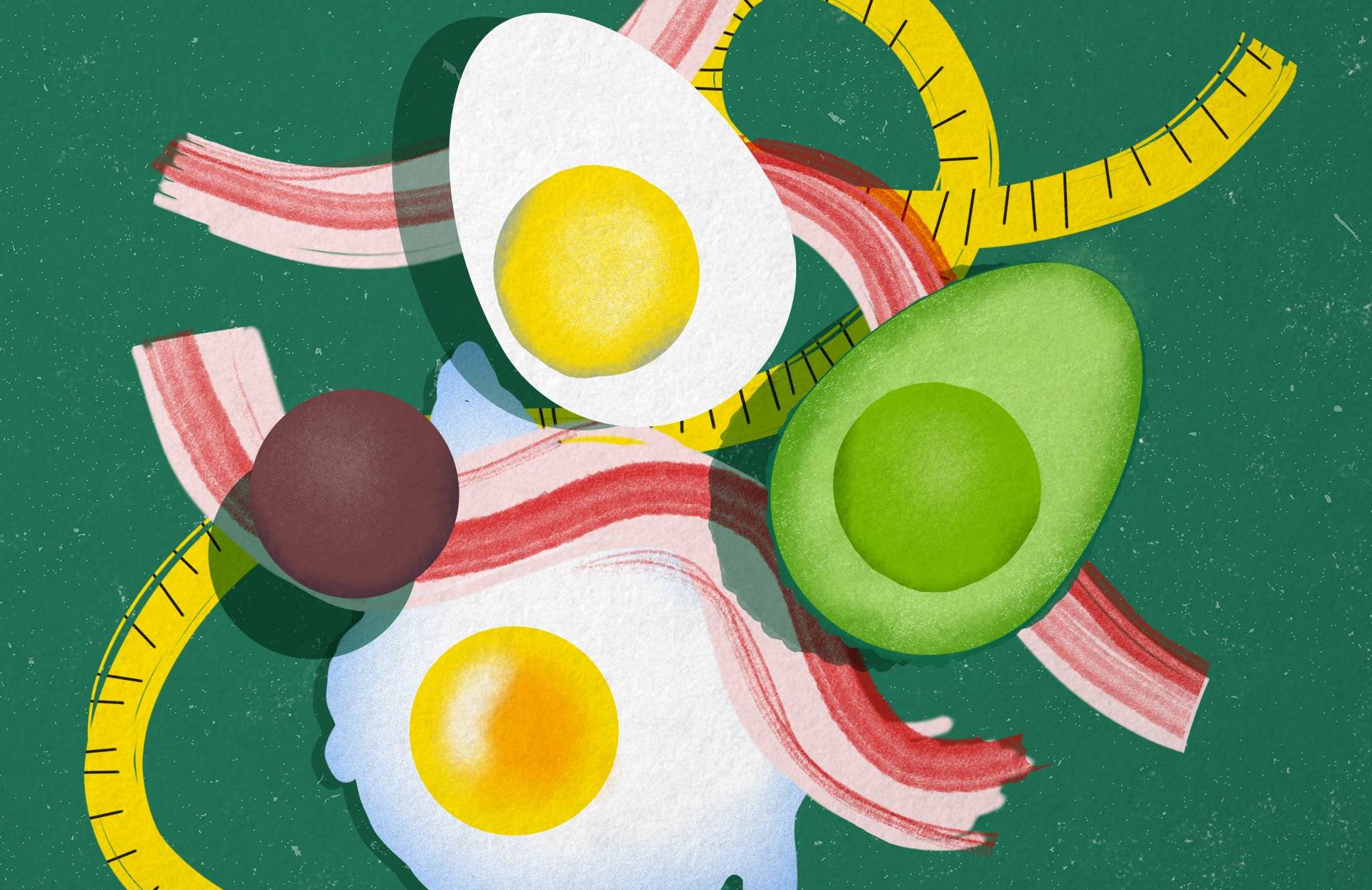 na zielonym tle przekrojone jajko na twardo, paslki boczku i połówka avocado