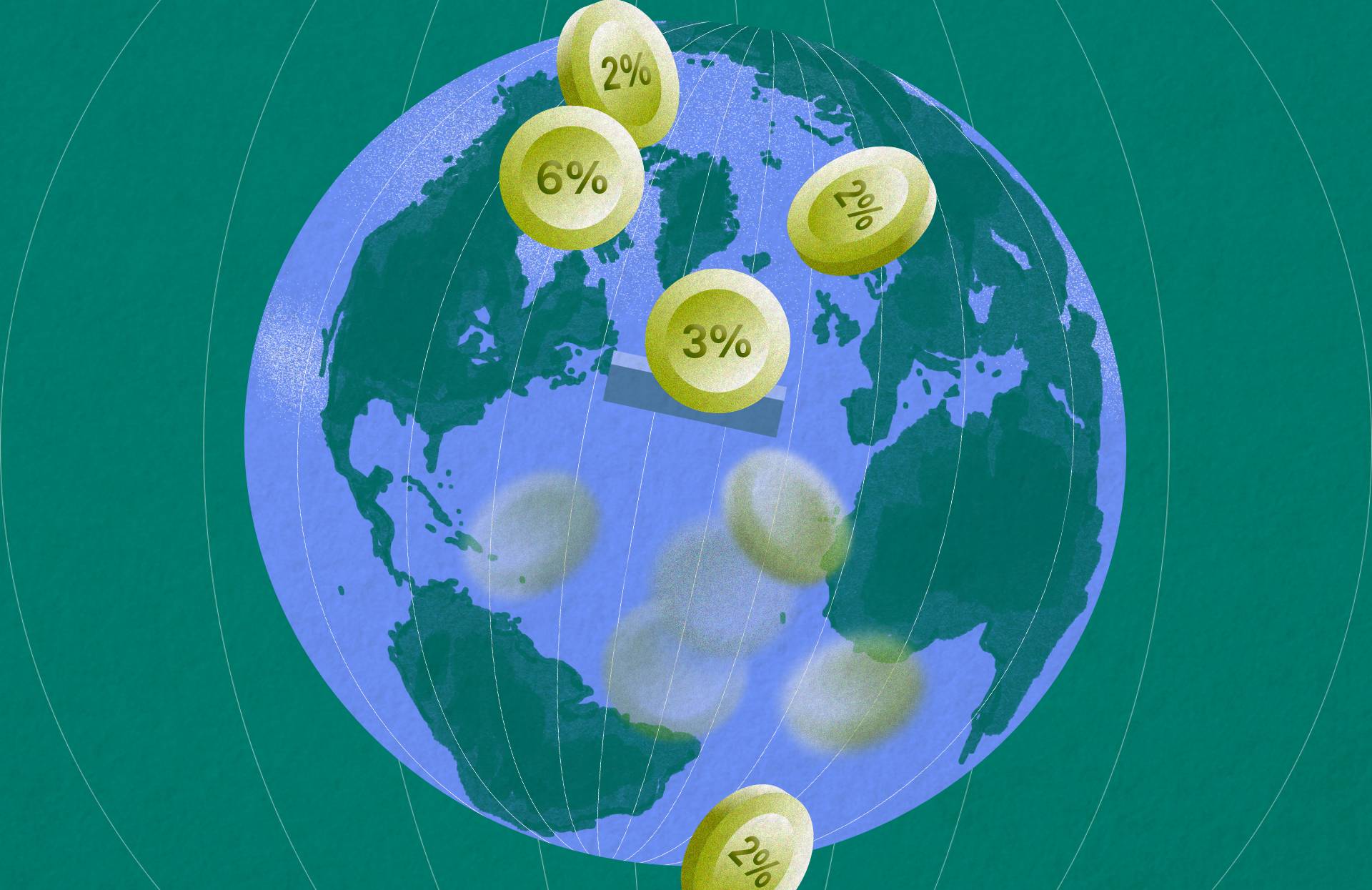 Rysunek globu ziemskiego z kółeczkami w różnych miejscach globu z procentami PKB