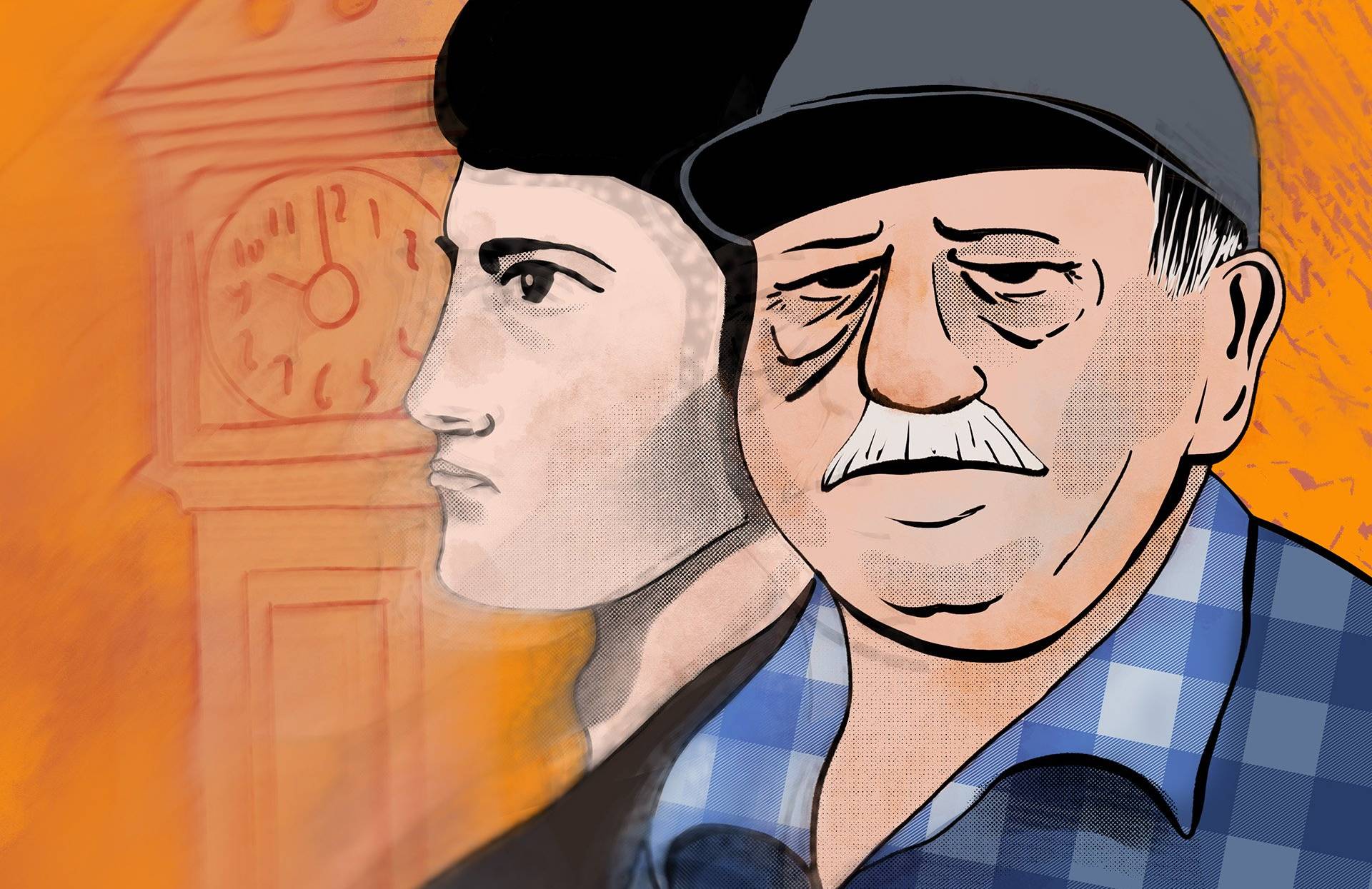 Ilustracja przedstawiająca starszego mężczyznę, za którym widać profil młodego chłopaka.