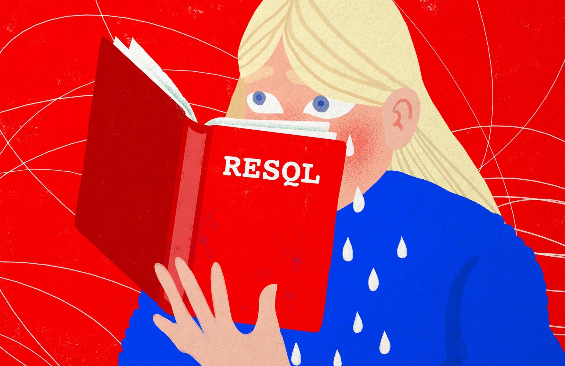 ilustracja przedstawia dziewczynkę czytającą książkę z czerwoną okładką i napisem RESQL