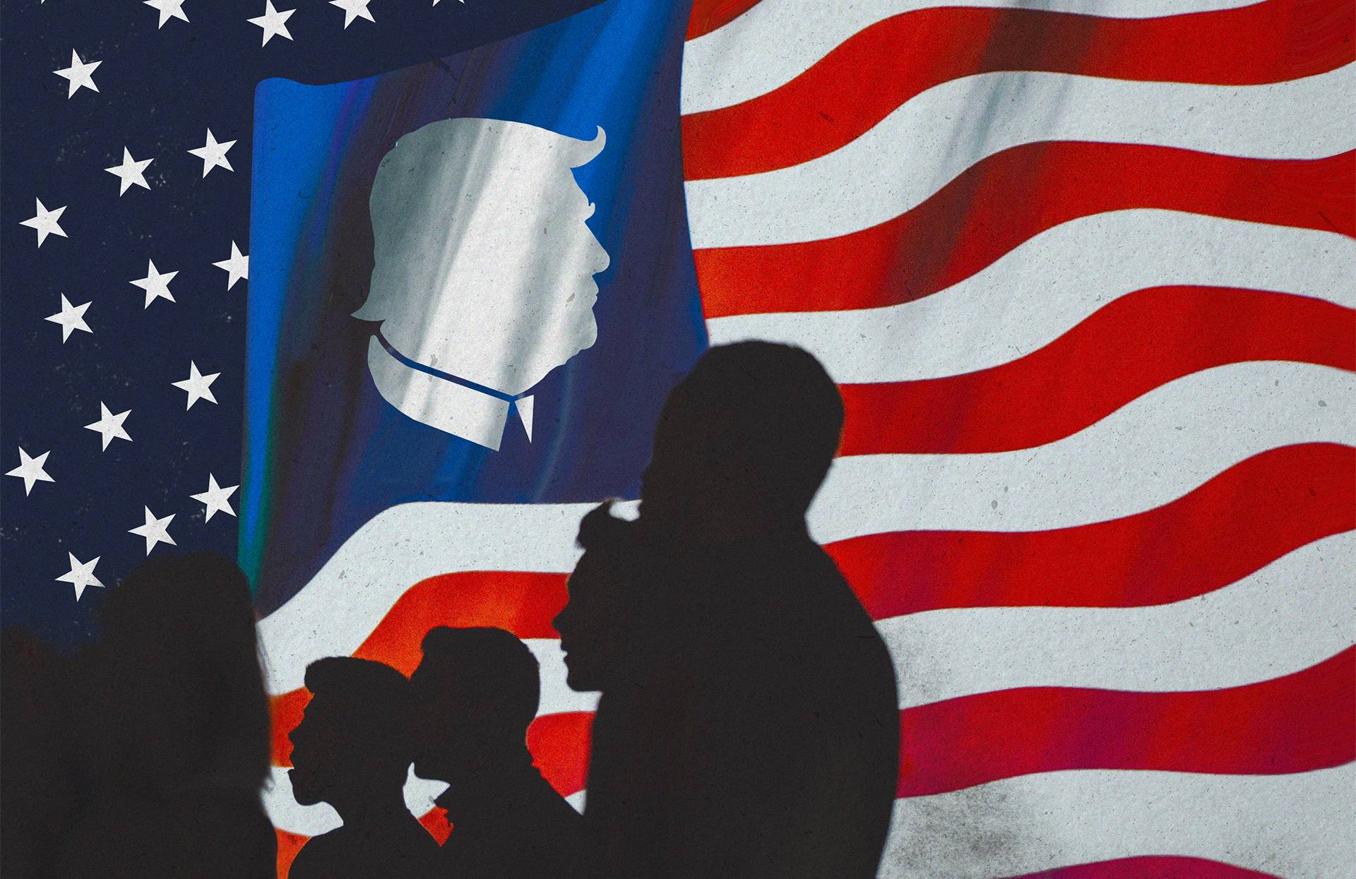 ilustracja przedstawia ludzi stojących na tle amerykańskiej flagi, która zamiast gwiazdek ma profil Donalda Trumpa